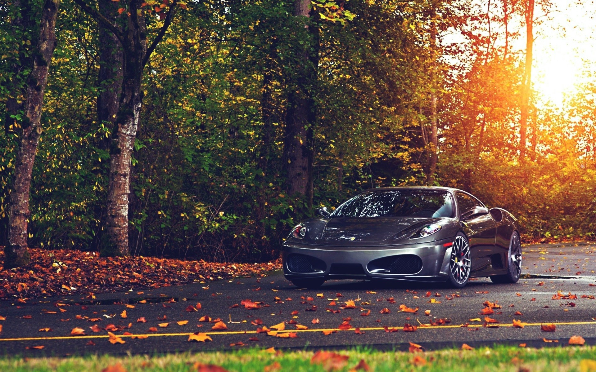 Ferrari F430 parked on a road with autumn leaves HD Wallpaper