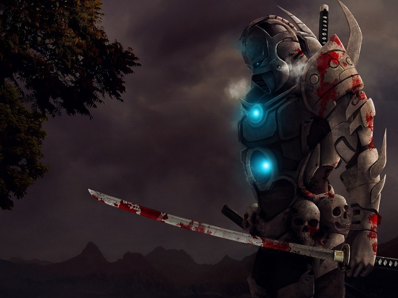 Bloody warrior with katana and skulls HD Wallpaper