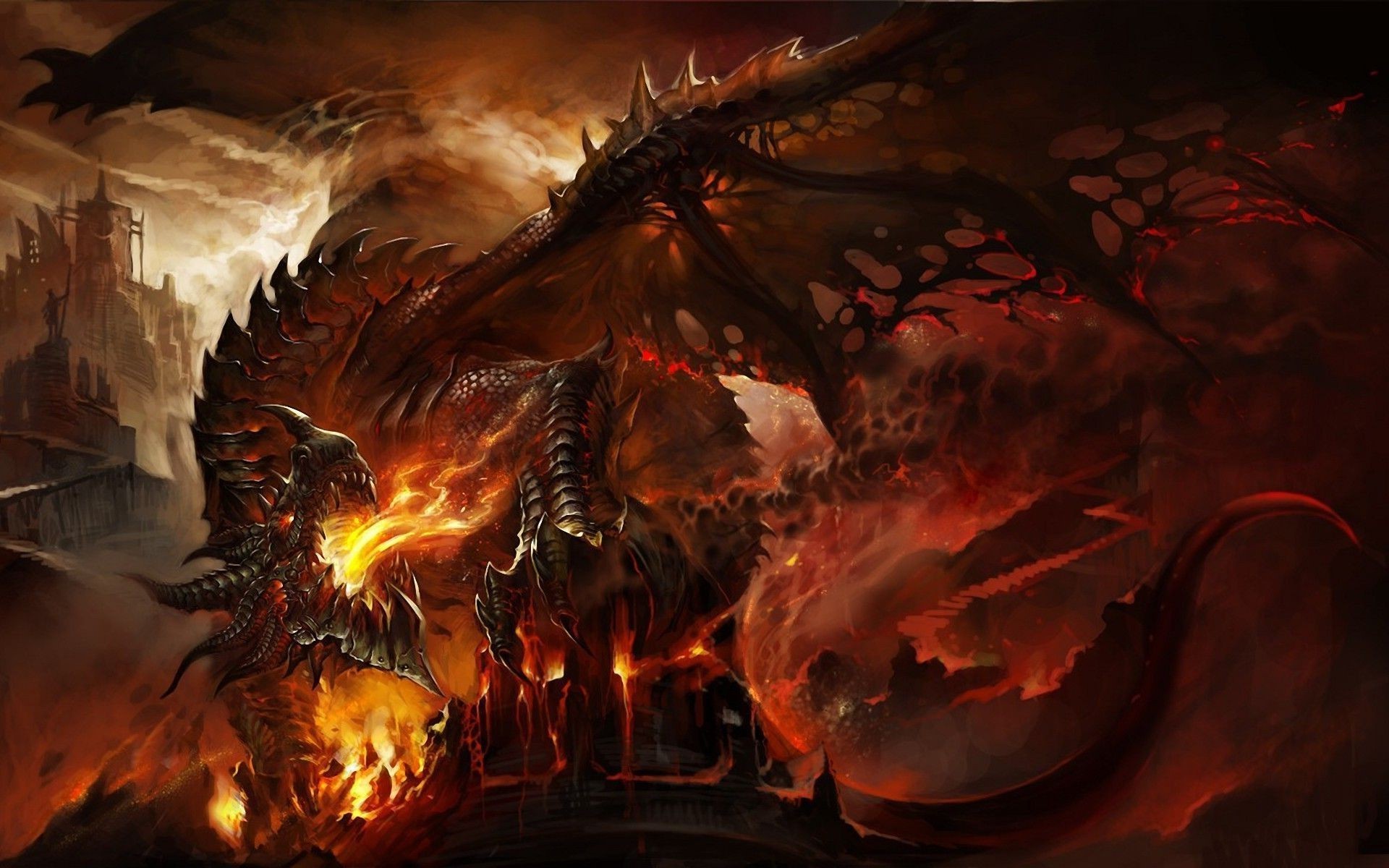 Dragon breathing fire in a fantasy landscape HD Wallpaper