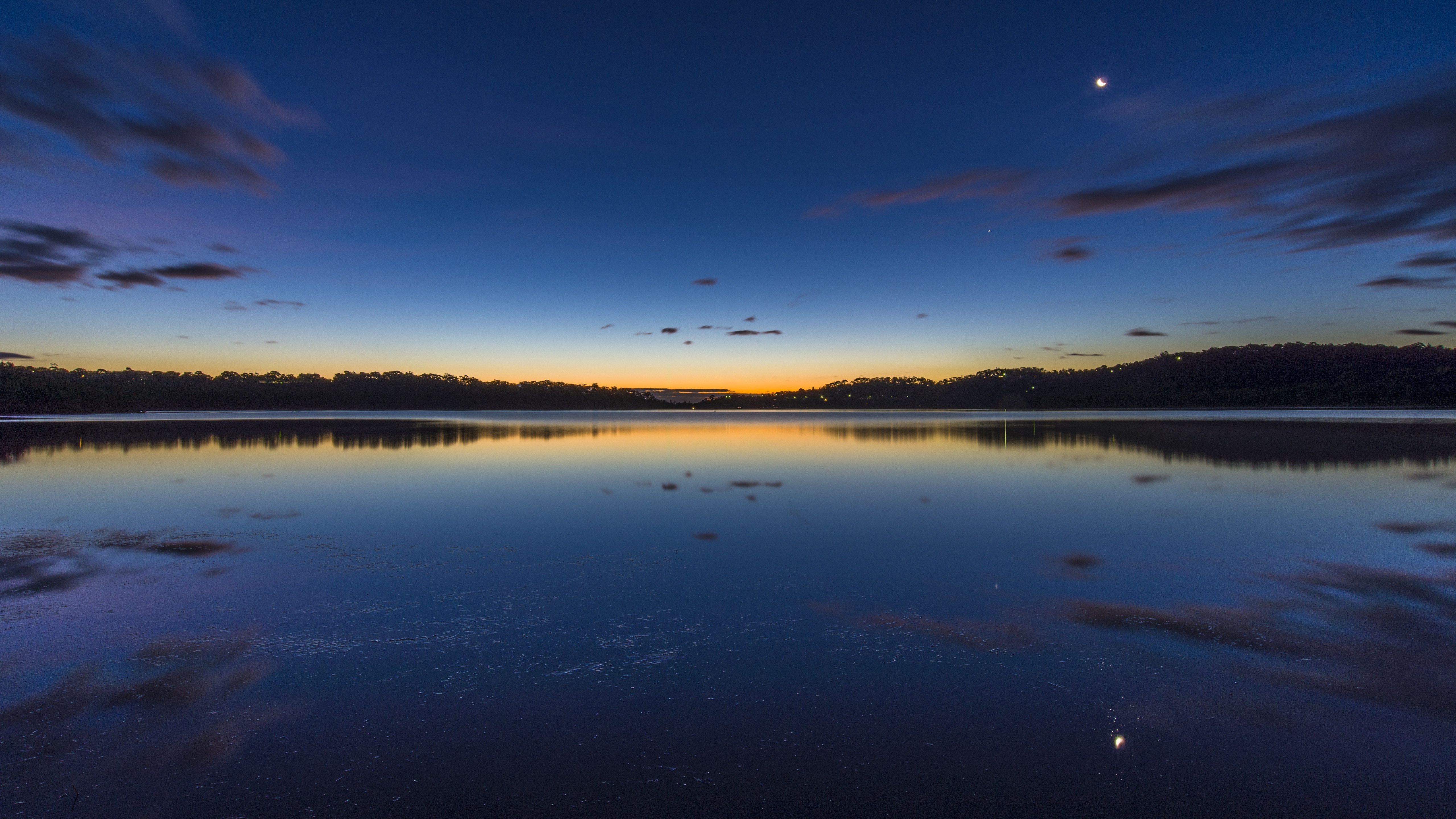 Lake Narabeen at dusk with moon and clouds HD Wallpaper