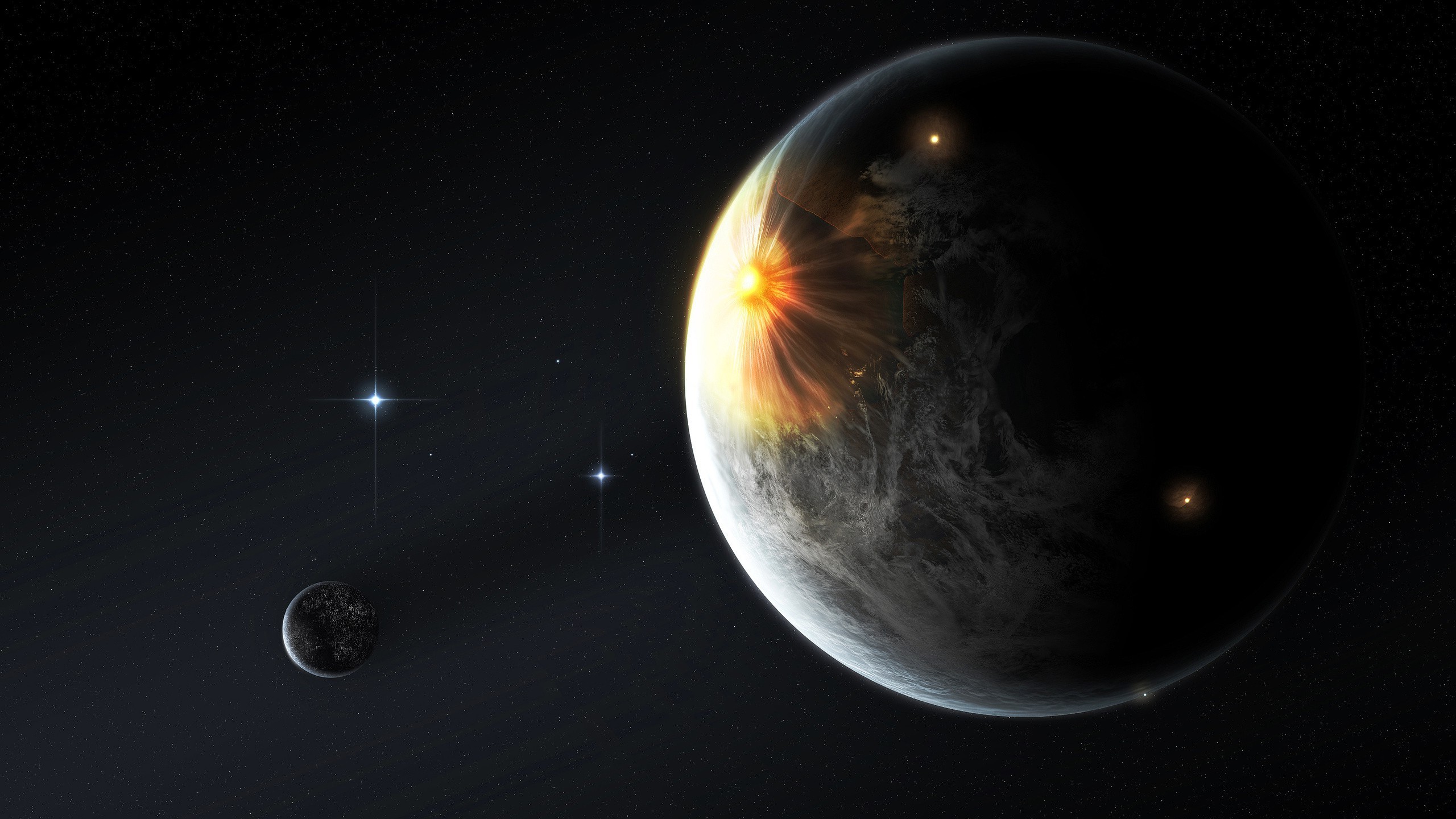 Planet in space with explosion and stars HD Wallpaper