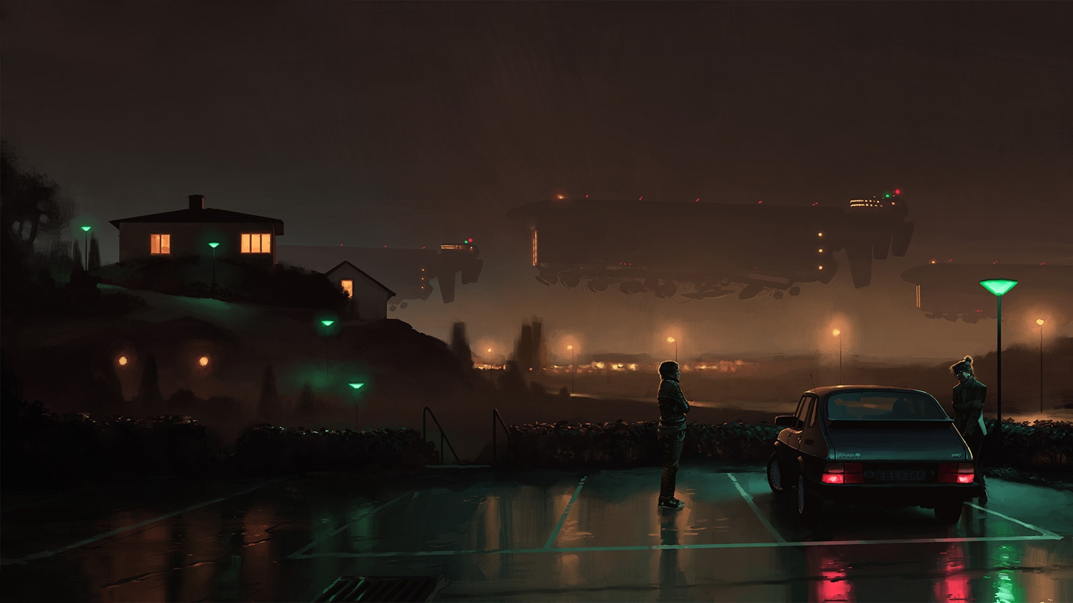 Artwork by Simon Stålenhag: Futuristic Car and Houses at Night HD Wallpaper