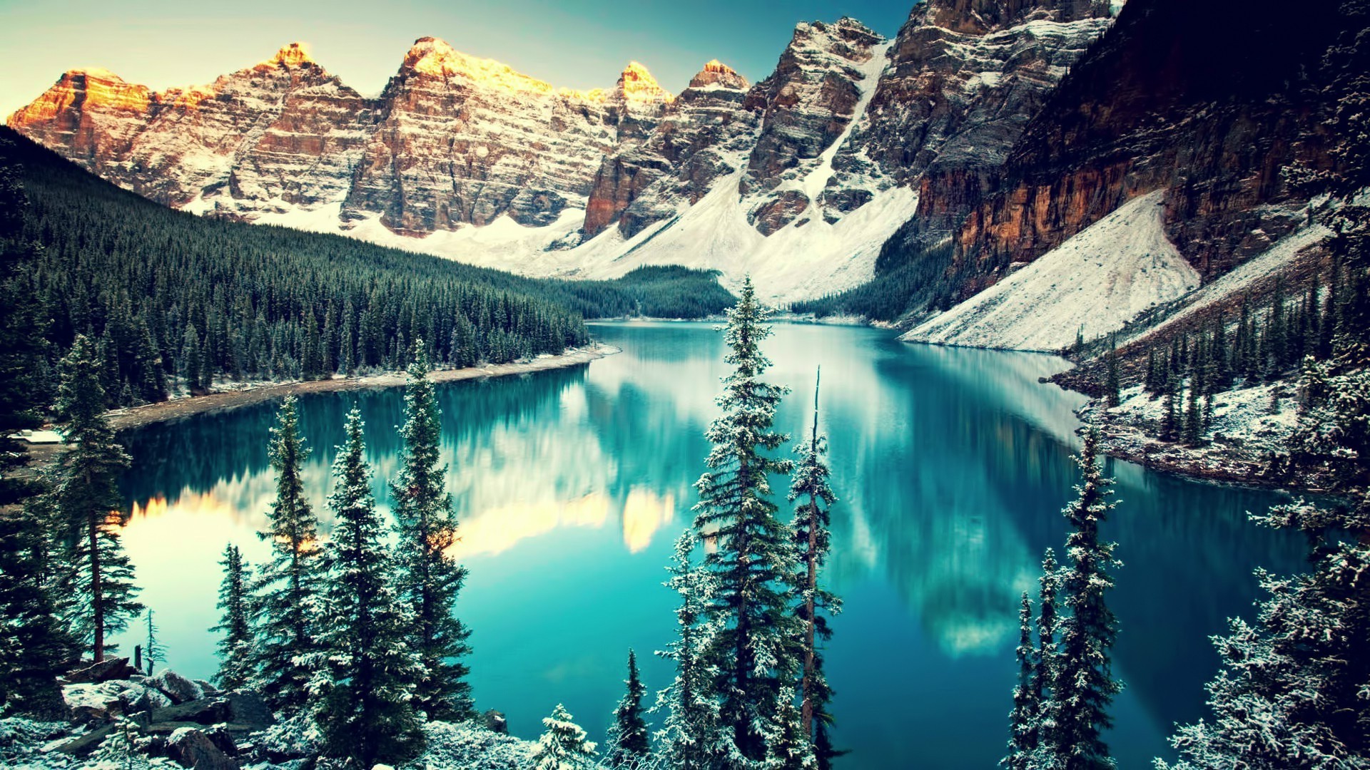 Snowy Mountains Reflecting in a Turquoise Lake in Banff National Park HD Wallpaper
