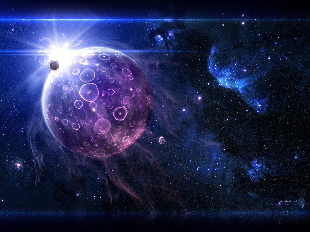 Surreal space art with a glowing purple planet and nebula HD Wallpaper