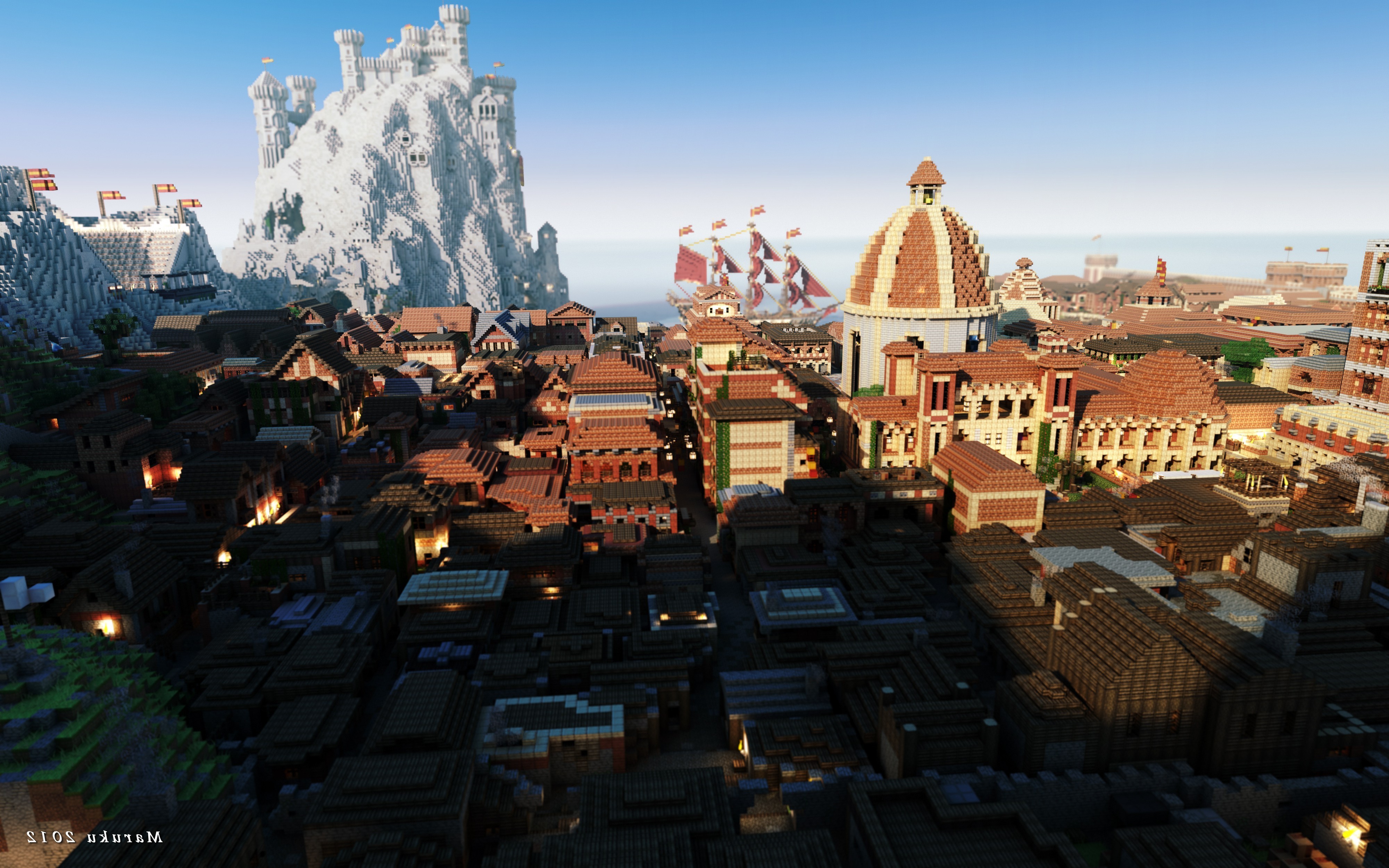 Minecraft city with castle and ship HD Wallpaper