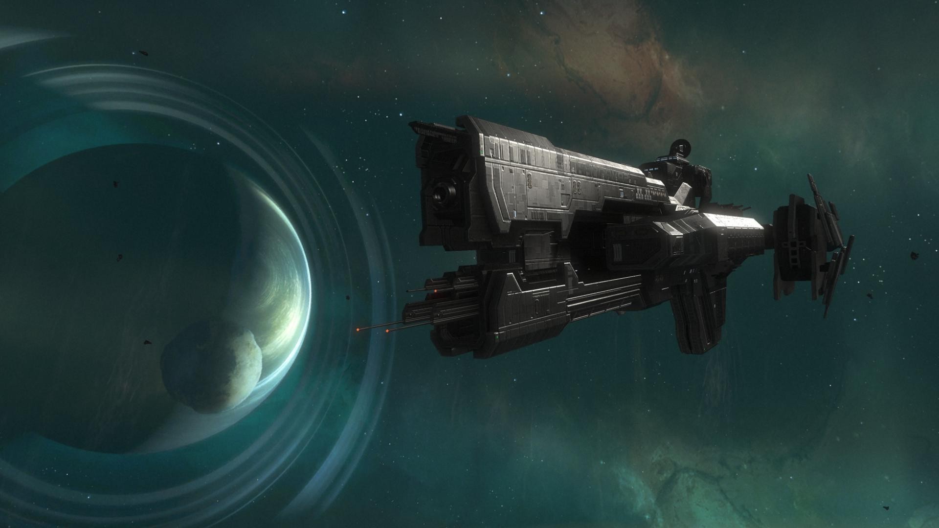 Spaceship near a ringed planet in space HD Wallpaper