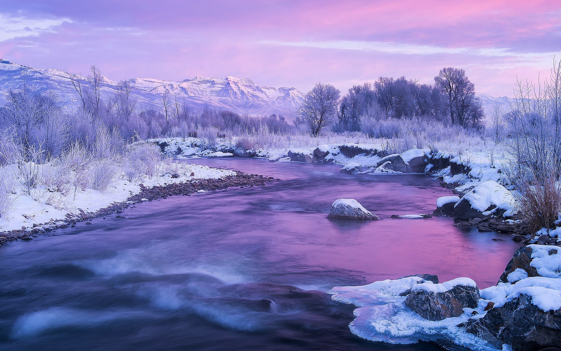 Winter River Flowing Through Snowy Mountains at Twilight HD Wallpaper