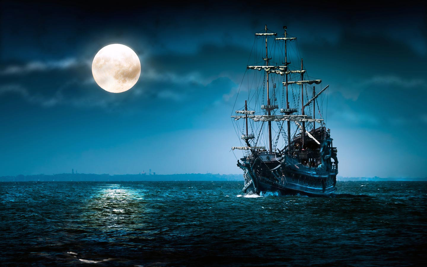 Pirate ship sailing on the ocean under a full moon HD Wallpaper