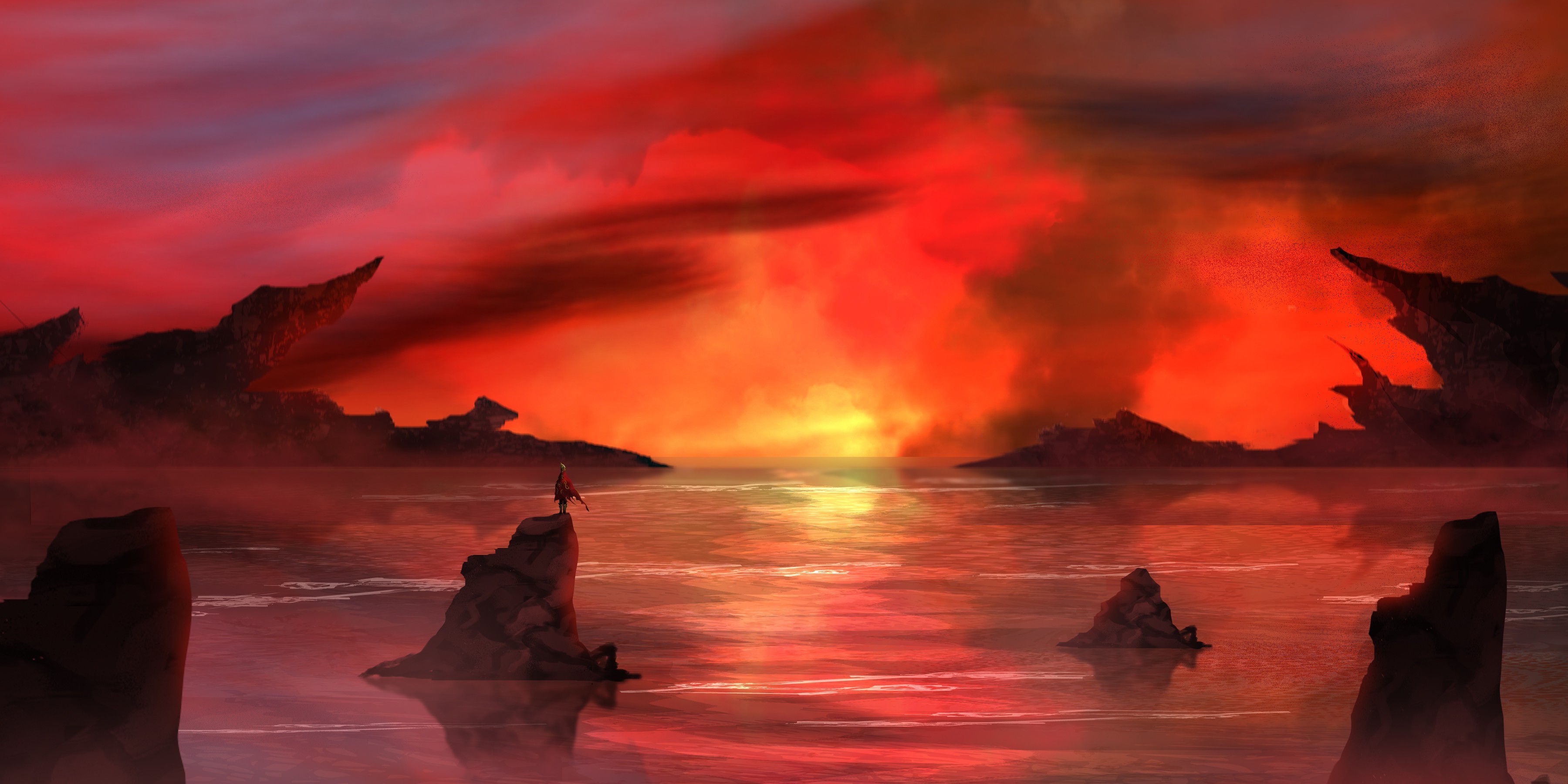 A lone figure stands on a rock in a fiery sunset over water. HD Wallpaper