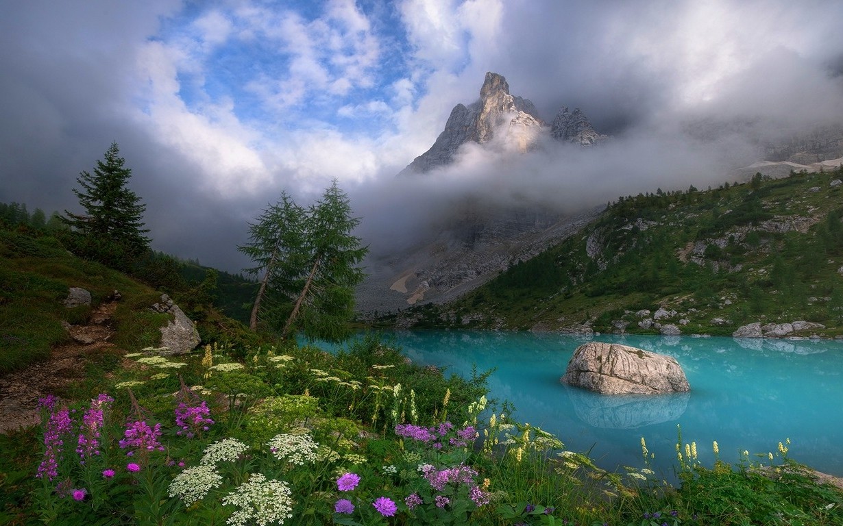 Dolomites Mountains with Turquoise Lake and Wildflowers HD Wallpaper