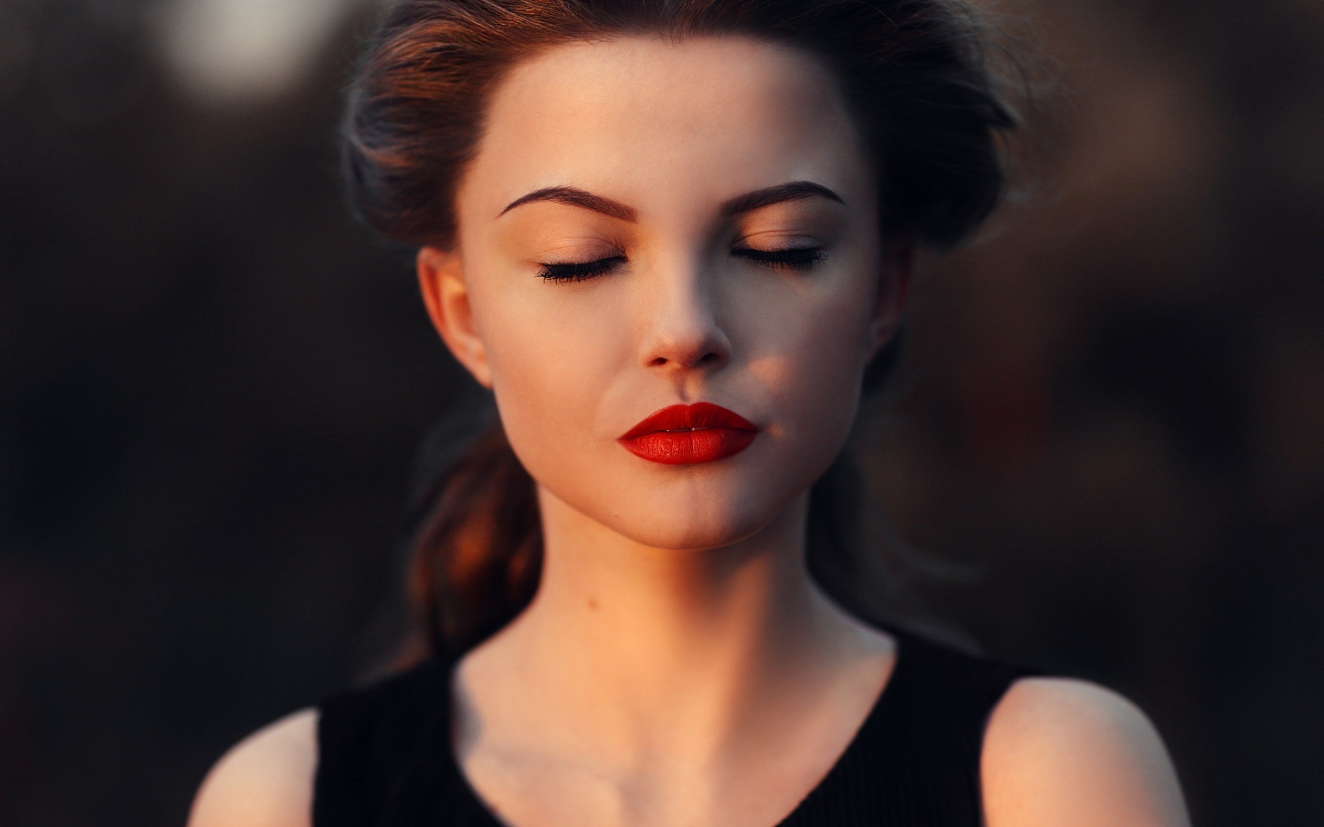 Woman with closed eyes and red lipstick HD Wallpaper