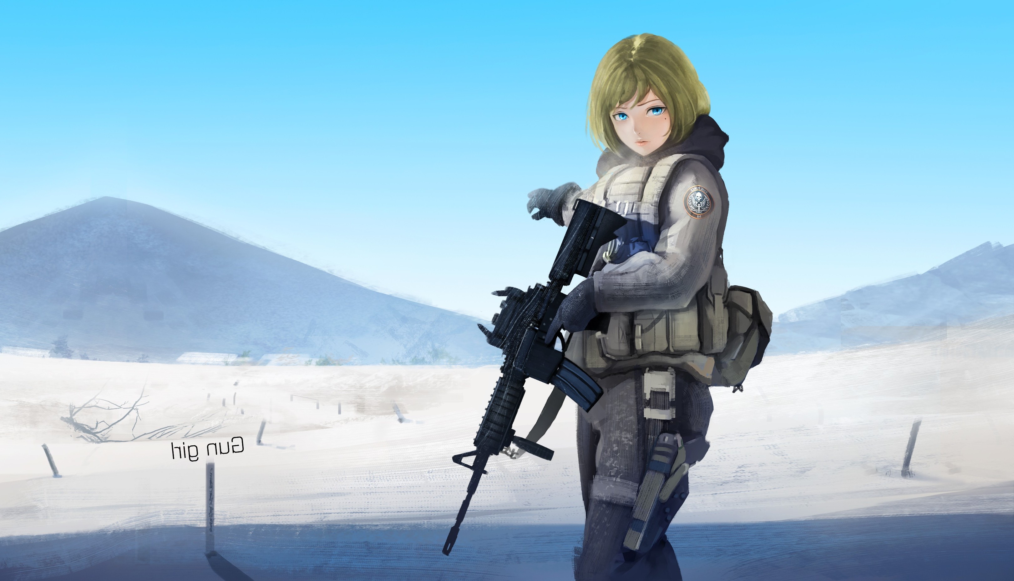 Anime girl with blonde hair and blue eyes holding an M4A1 rifle in the snow HD Wallpaper