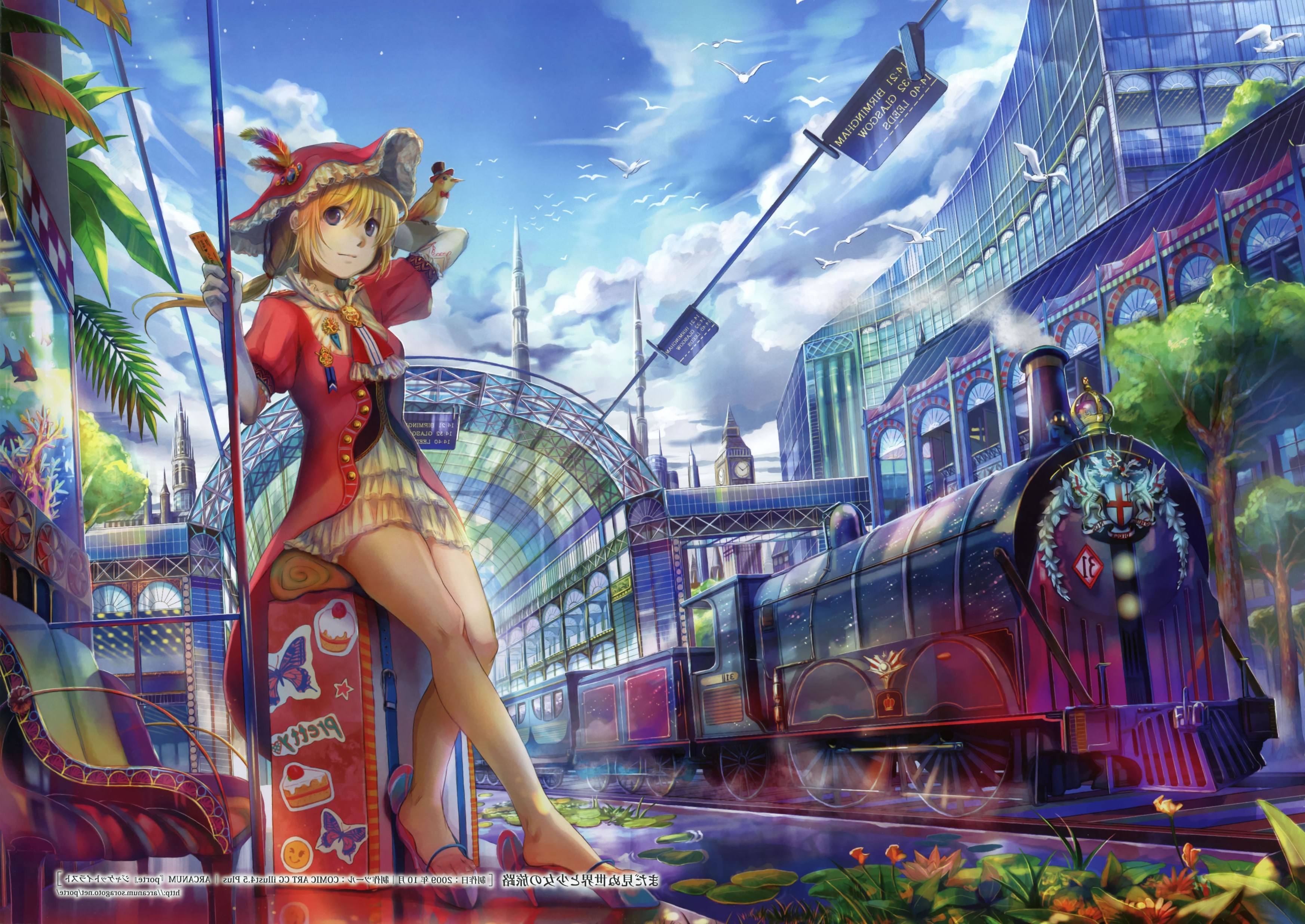 Anime girl with bird at train station HD Wallpaper