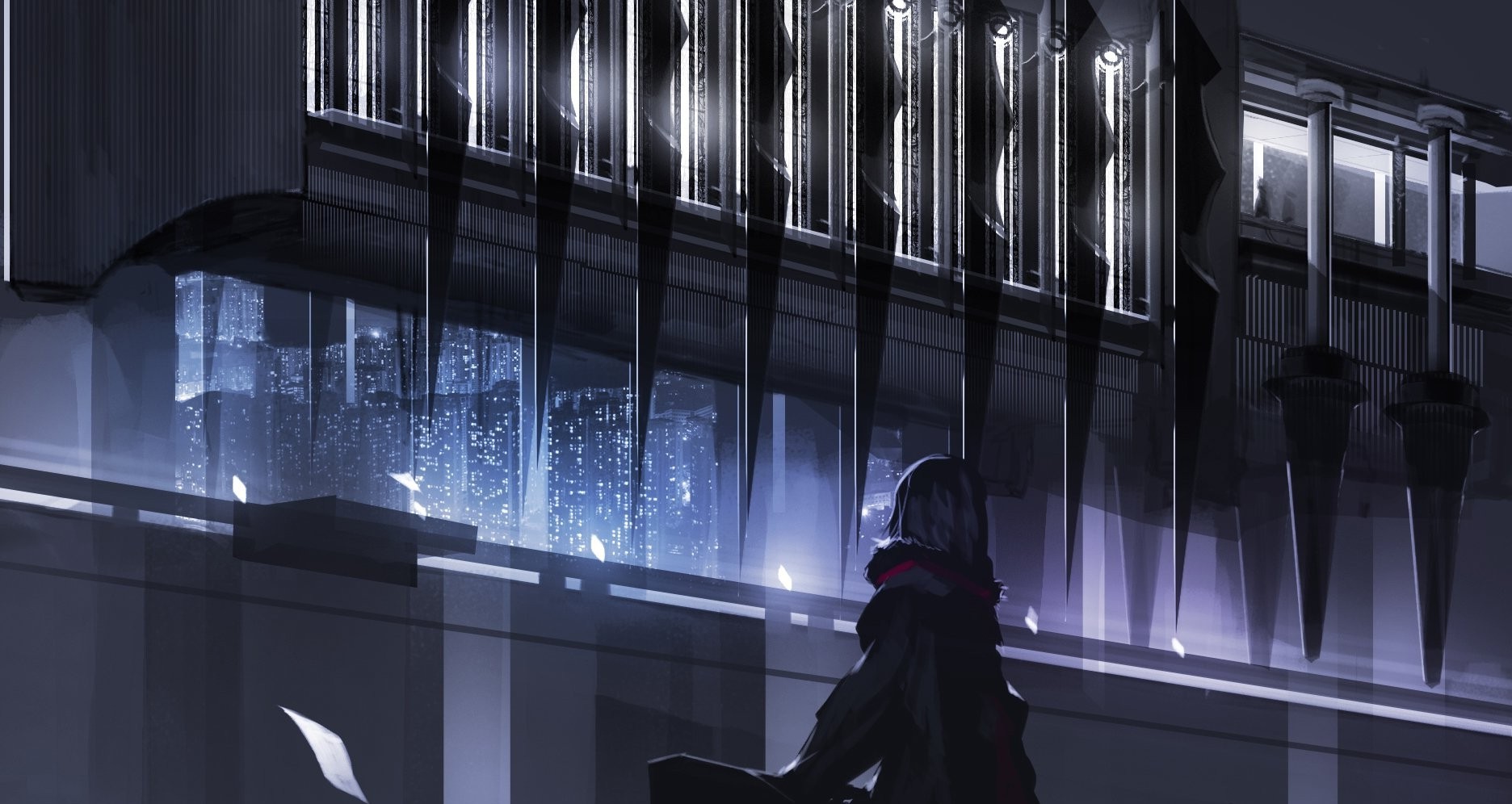 Anime character looking at a futuristic city at night HD Wallpaper