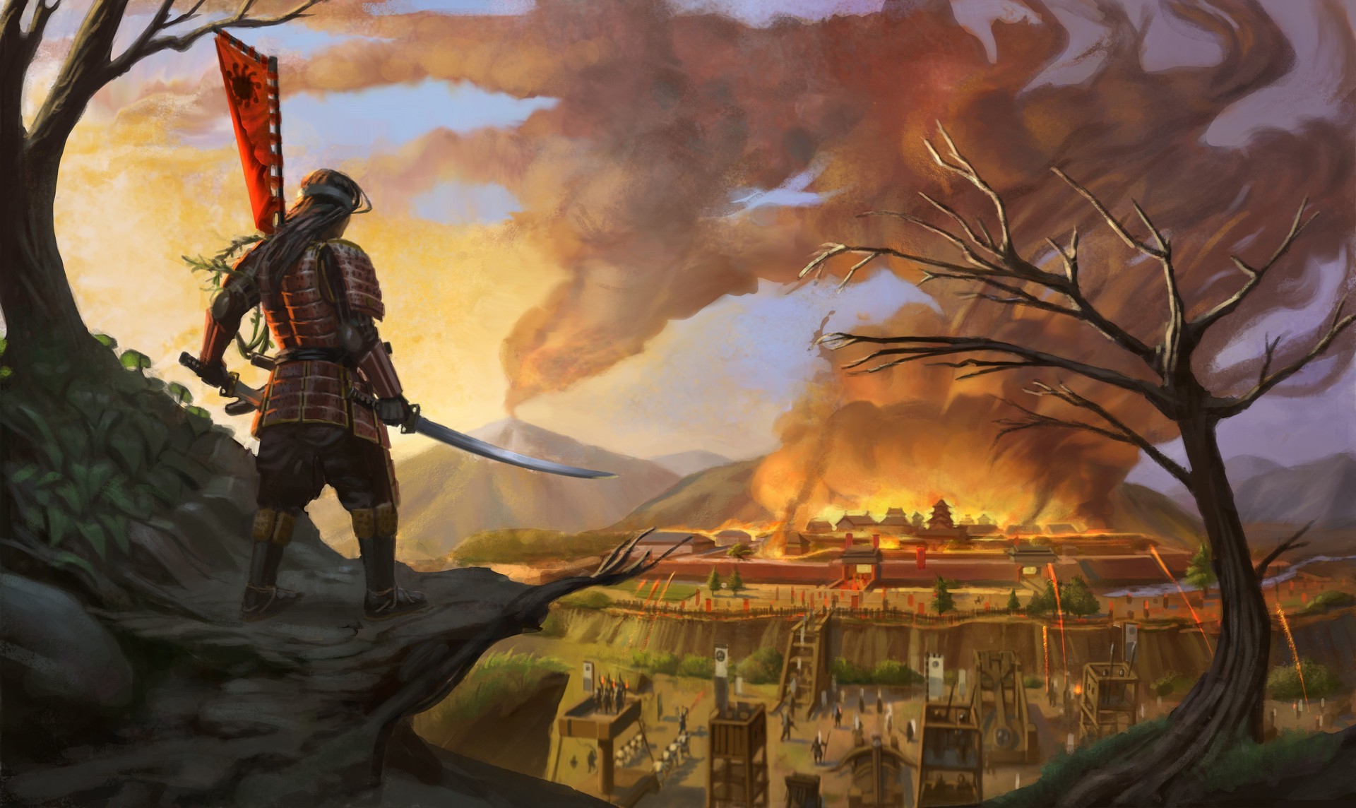 Samurai overlooking a burning city HD Wallpaper