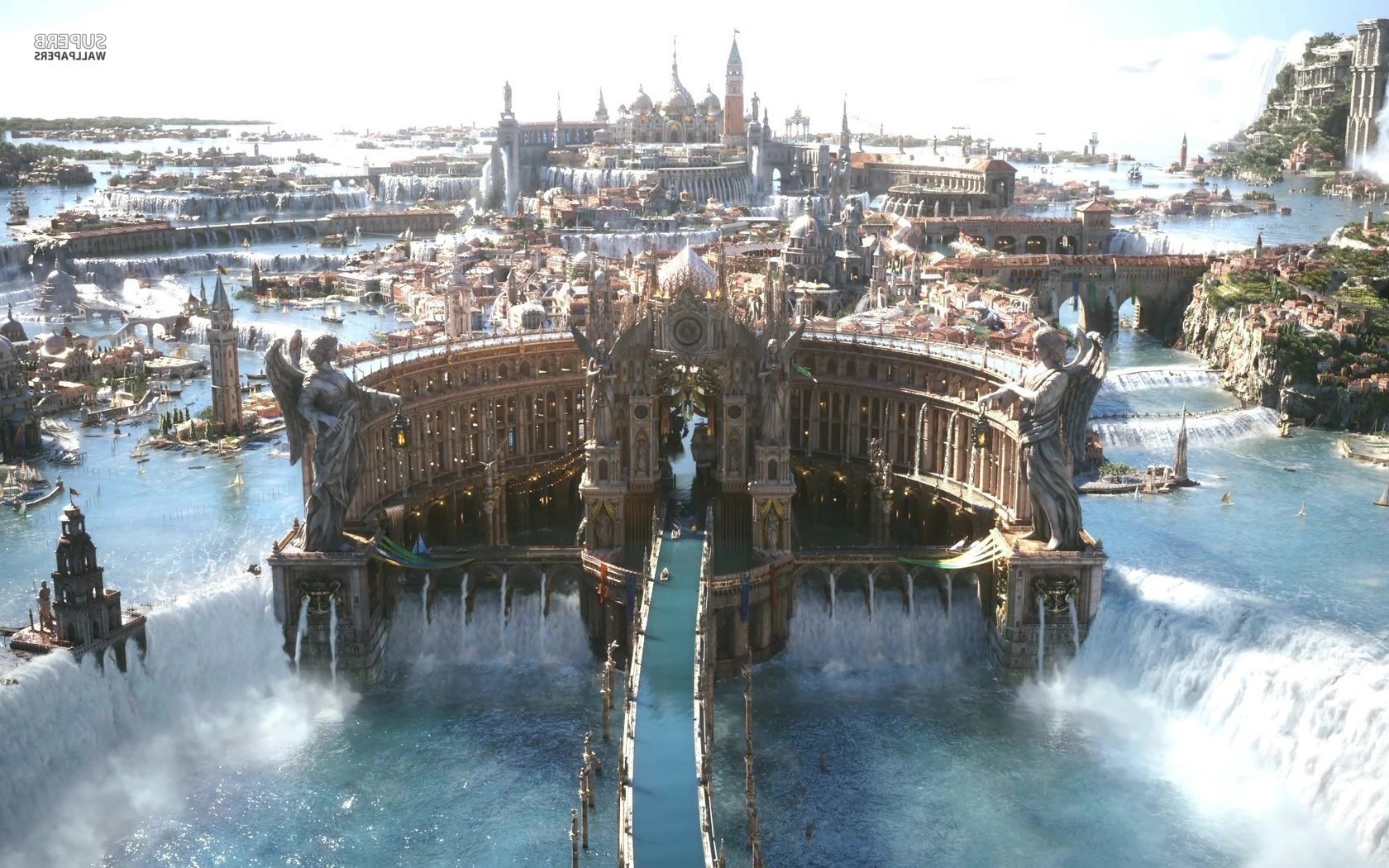 Fantasy city with waterfalls and statues HD Wallpaper