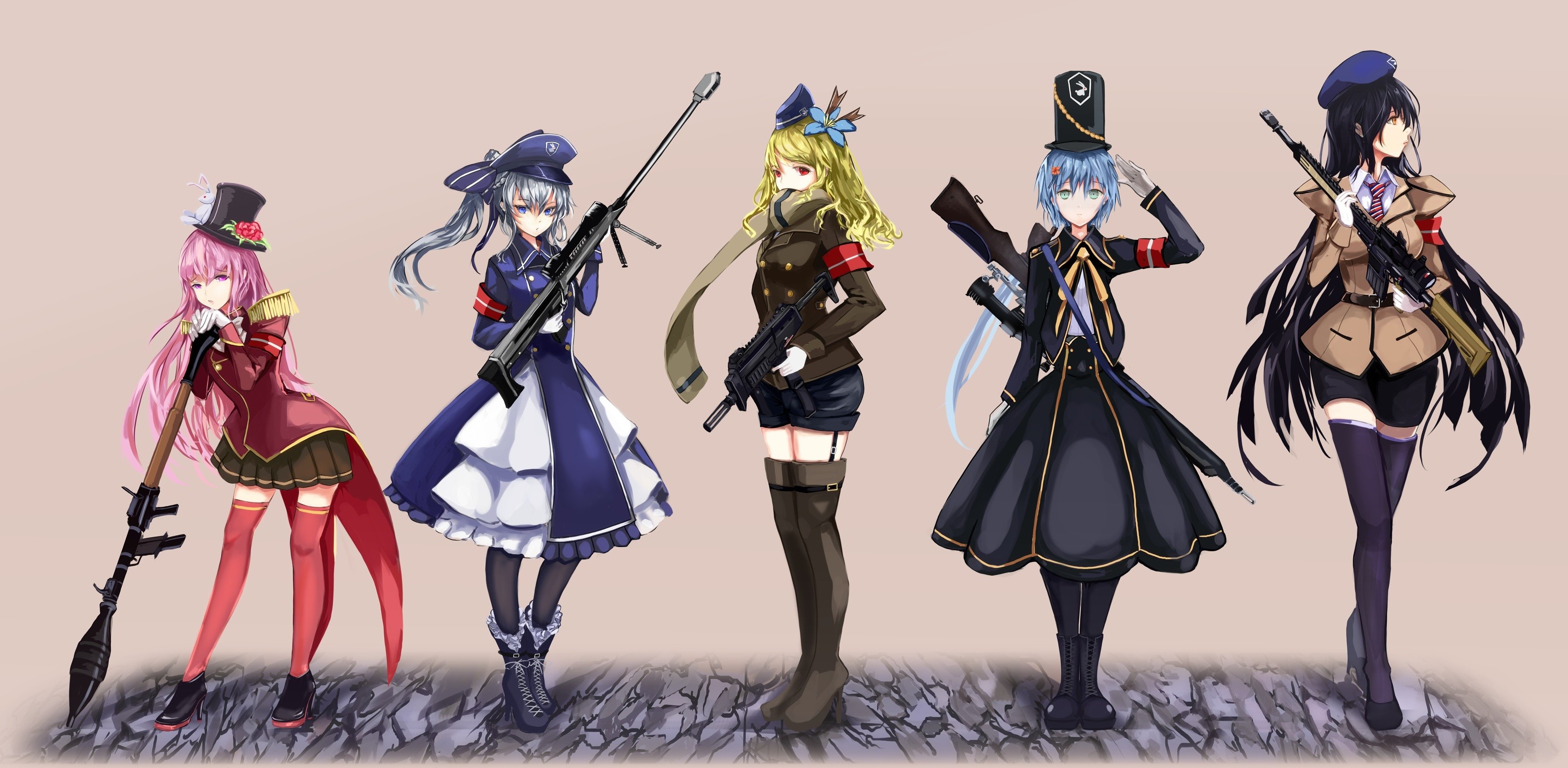 Anime girls in military uniforms with weapons HD Wallpaper