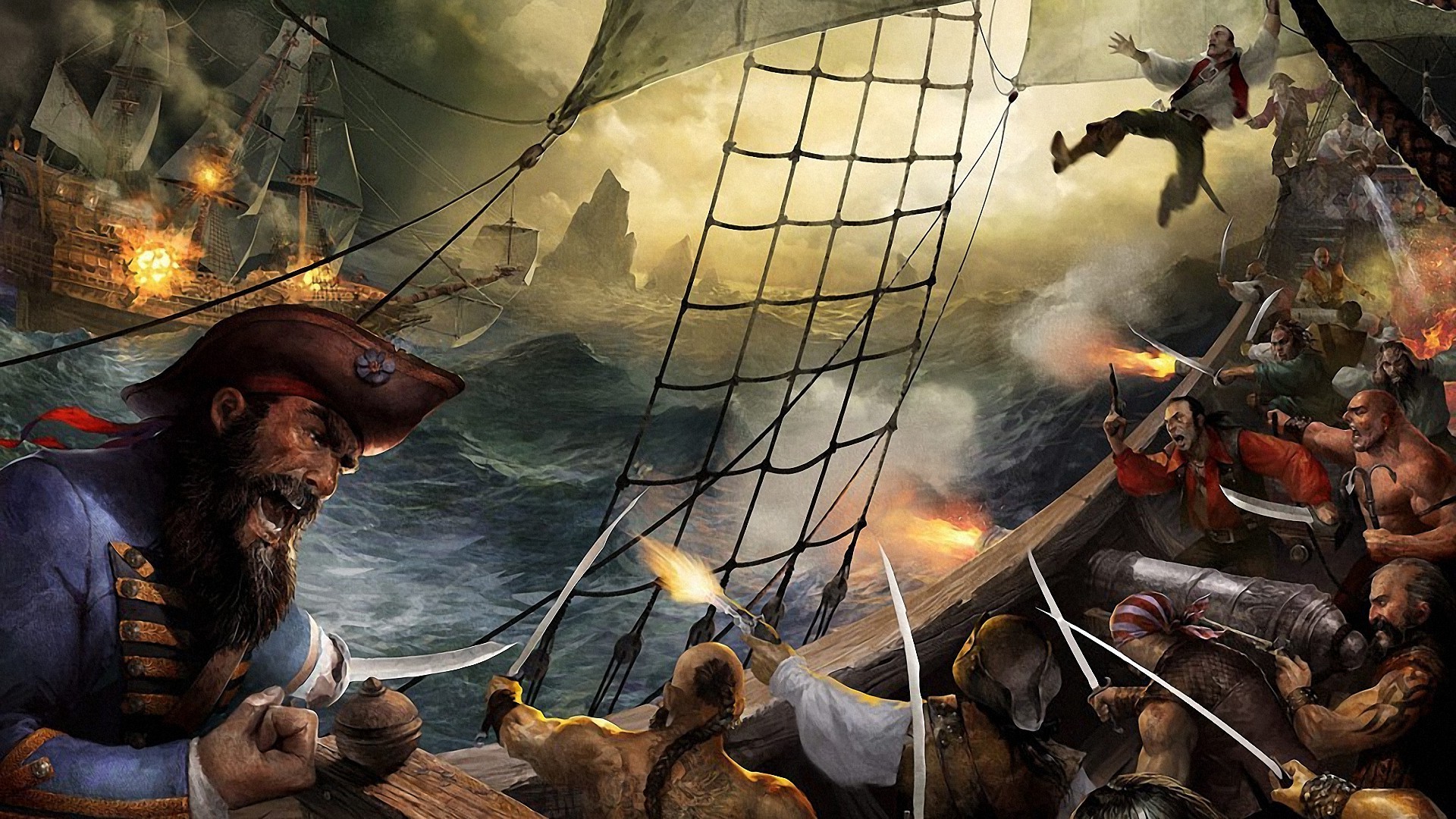 Pirate ship battle artwork HD Wallpaper