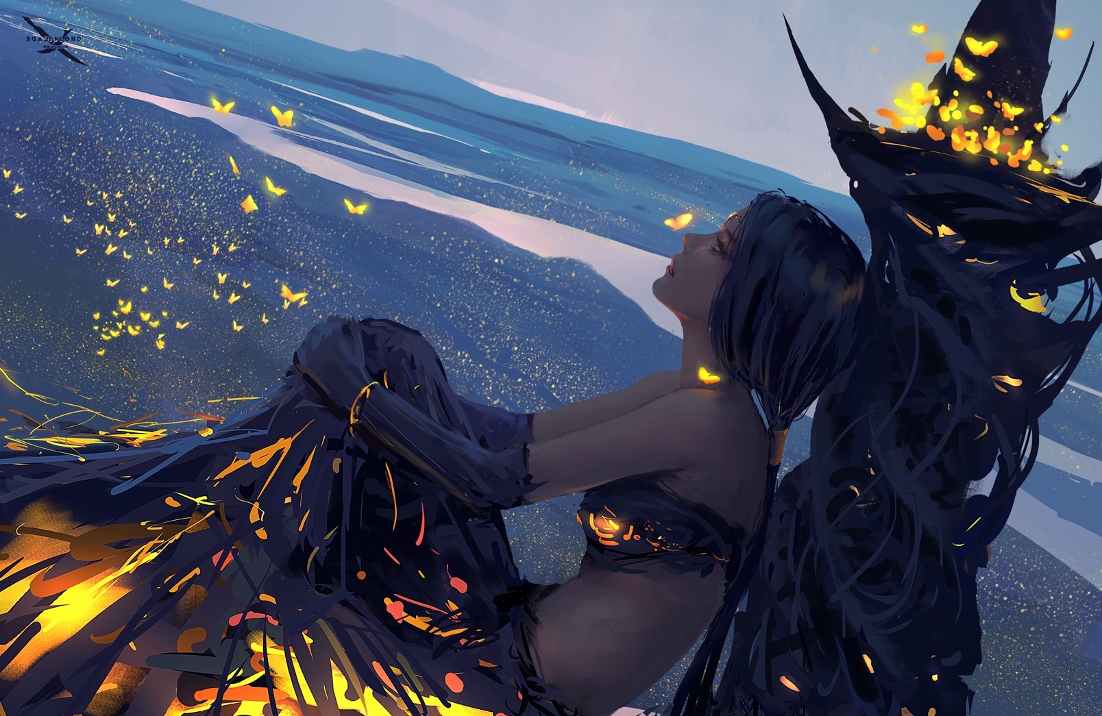Fantasy art of a woman with dark hair and glowing butterflies HD Wallpaper