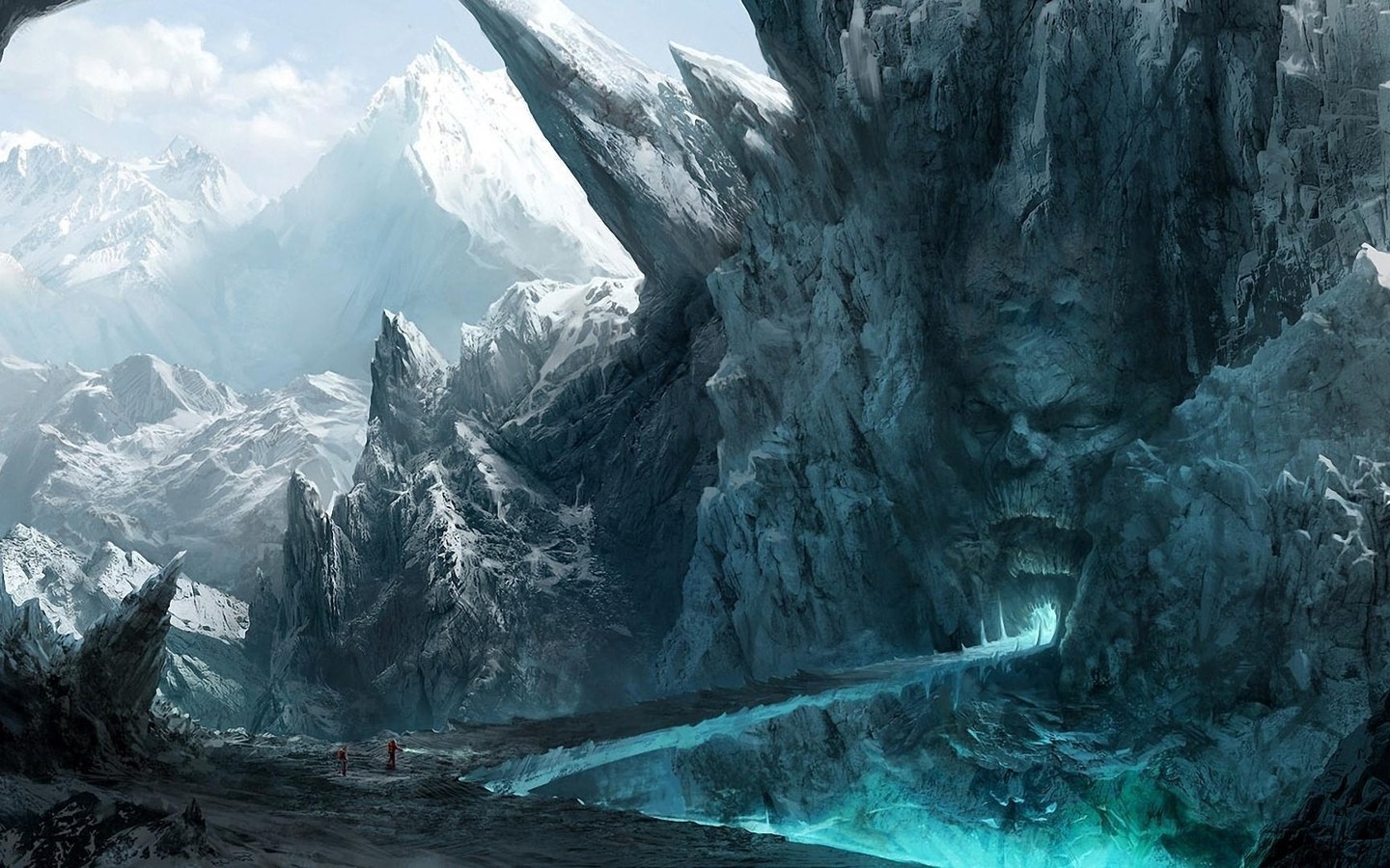 Fantasy art of a frozen mountain cave with a face HD Wallpaper