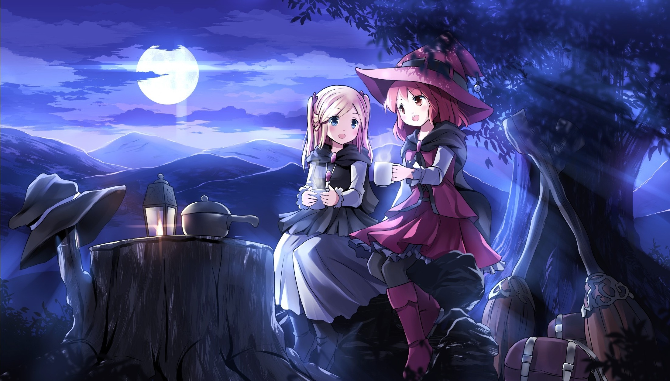 Two anime girls with witch hats in a forest at night HD Wallpaper