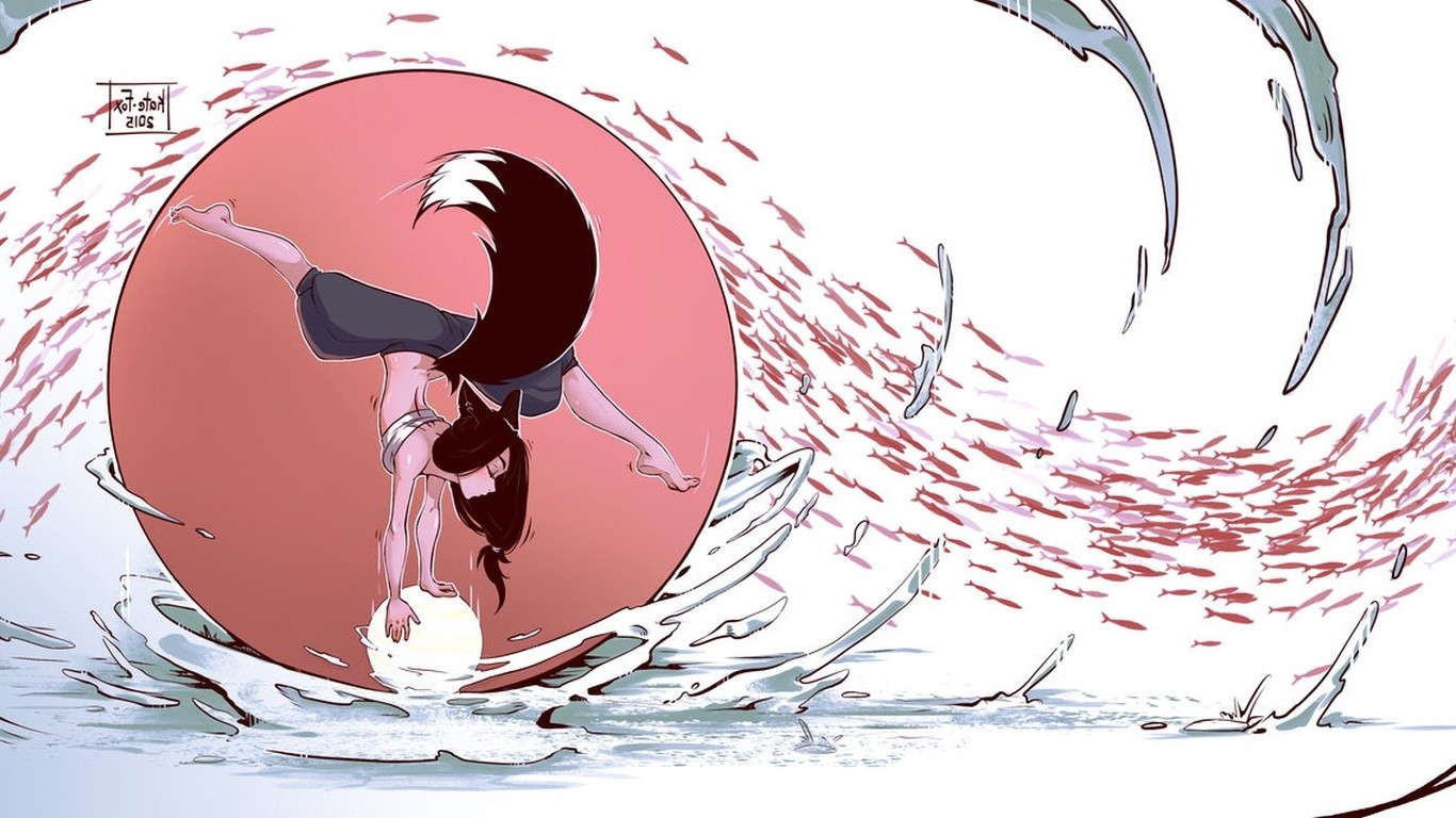 Anthro fox girl doing a handstand in water with fish HD Wallpaper