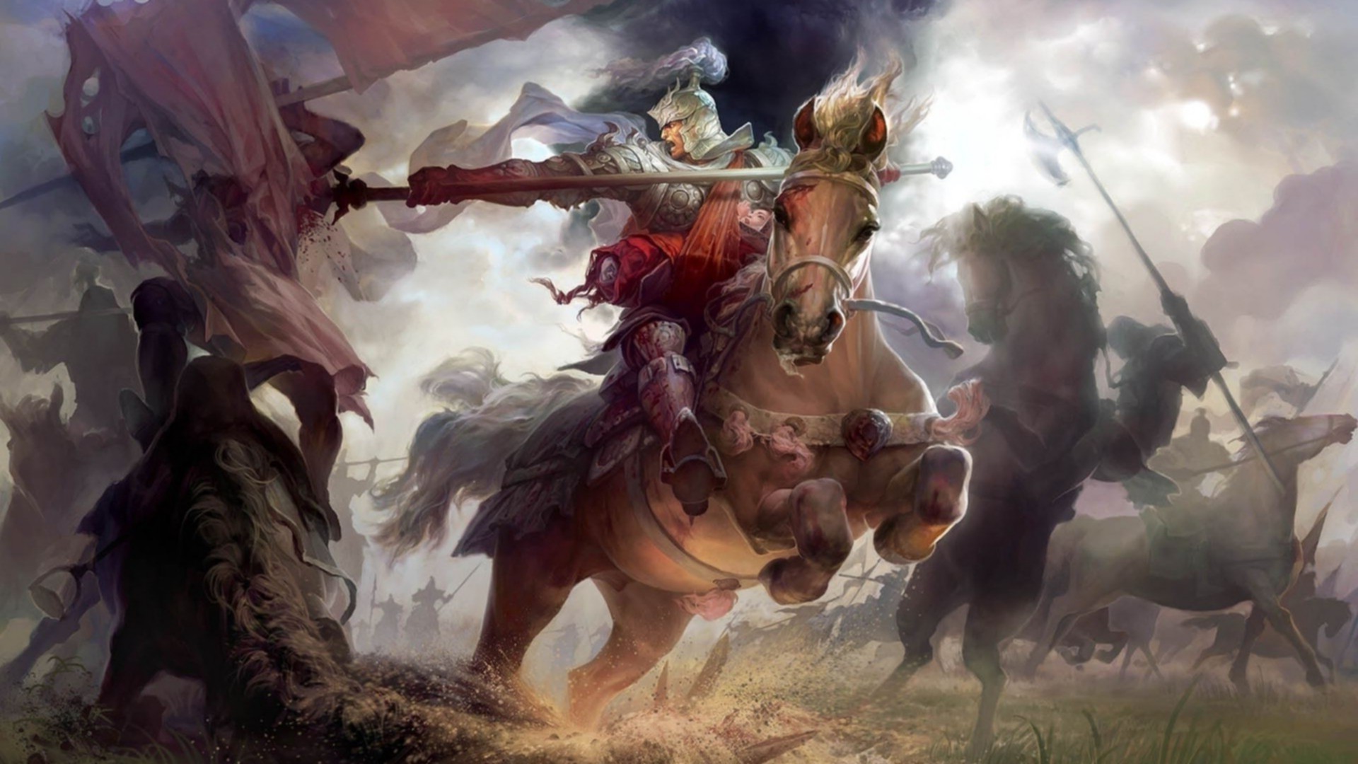 Fantasy knight on horseback in battle HD Wallpaper