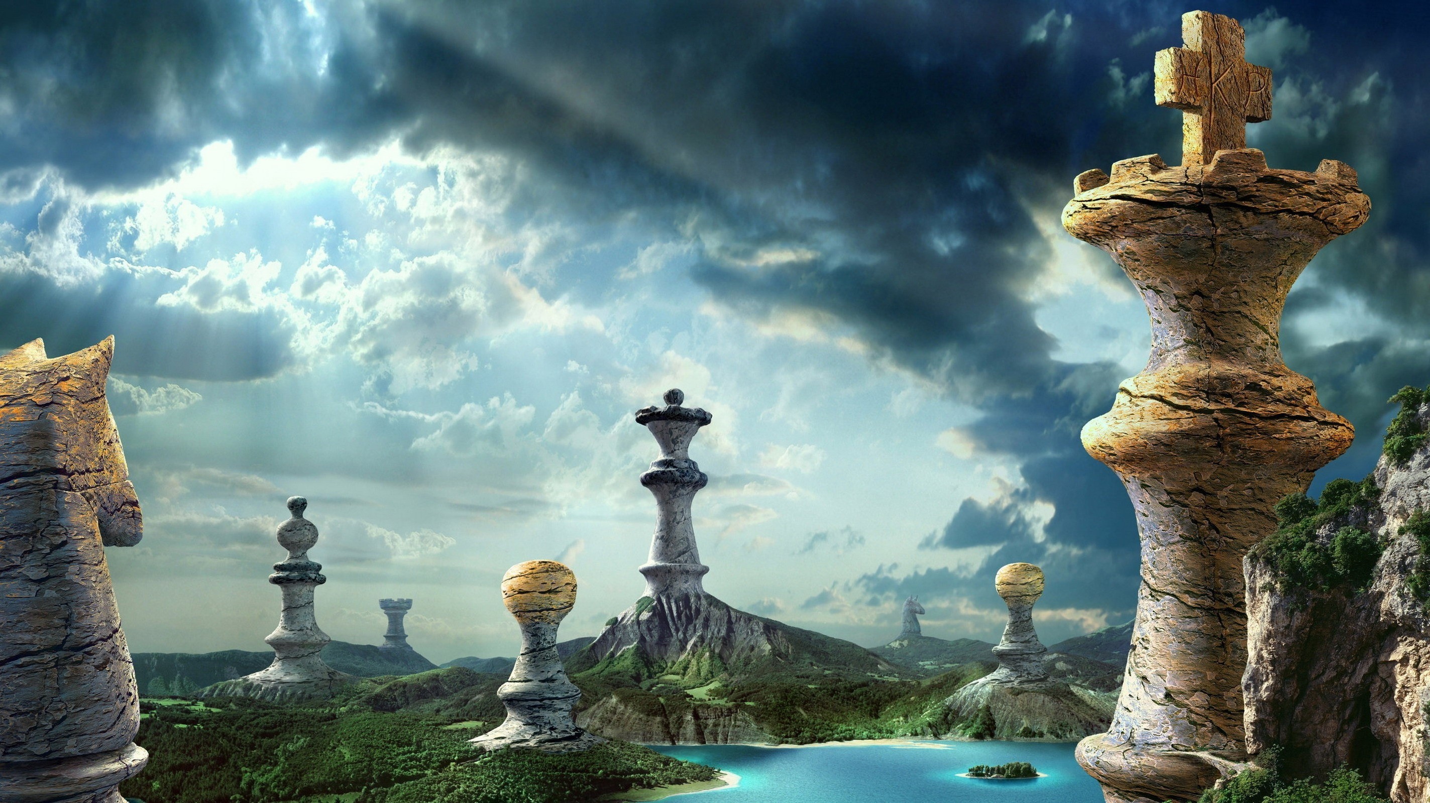 Fantasy landscape with giant chess pieces HD Wallpaper