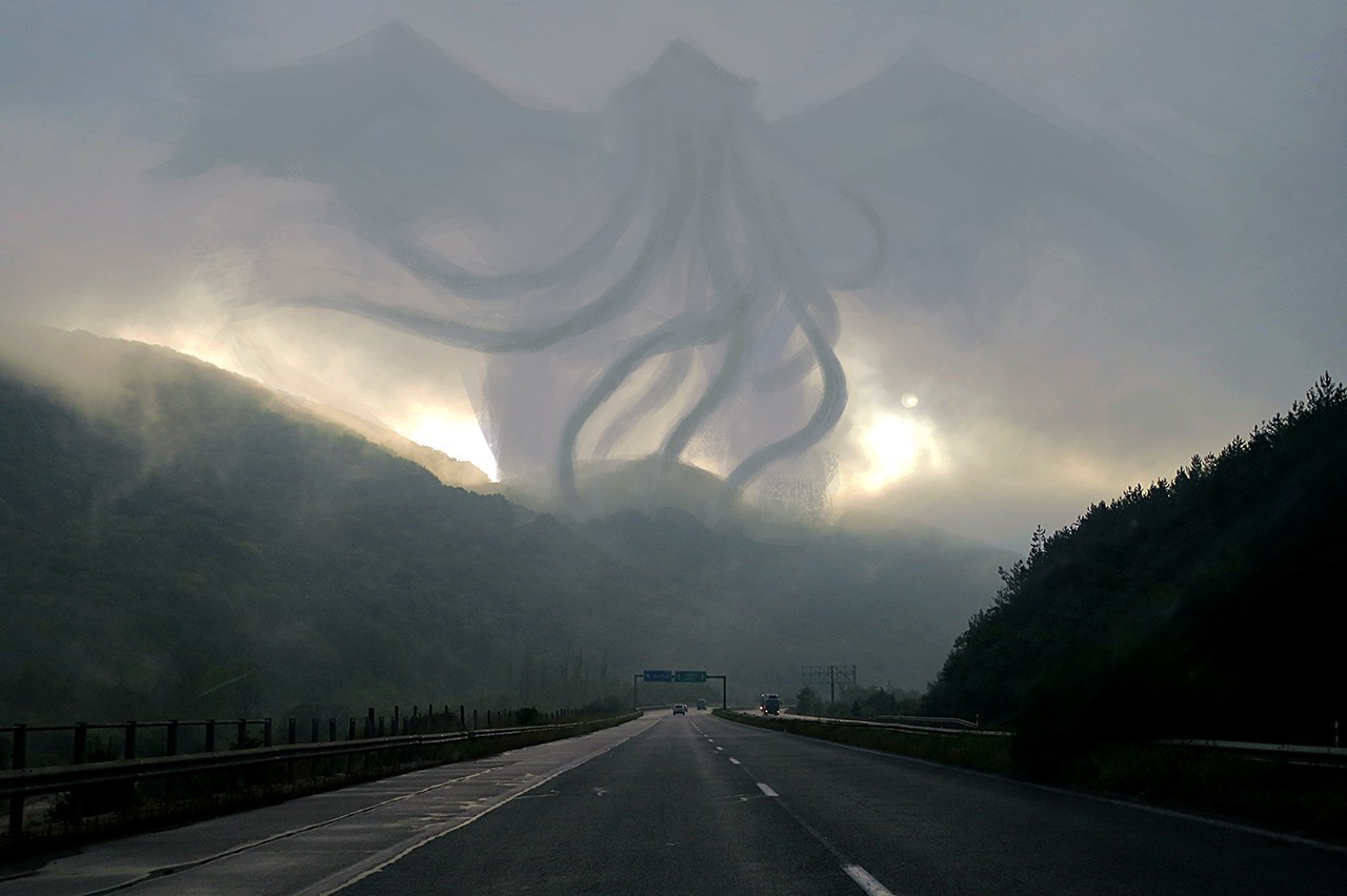 Giant cloud monster over a mountain highway HD Wallpaper