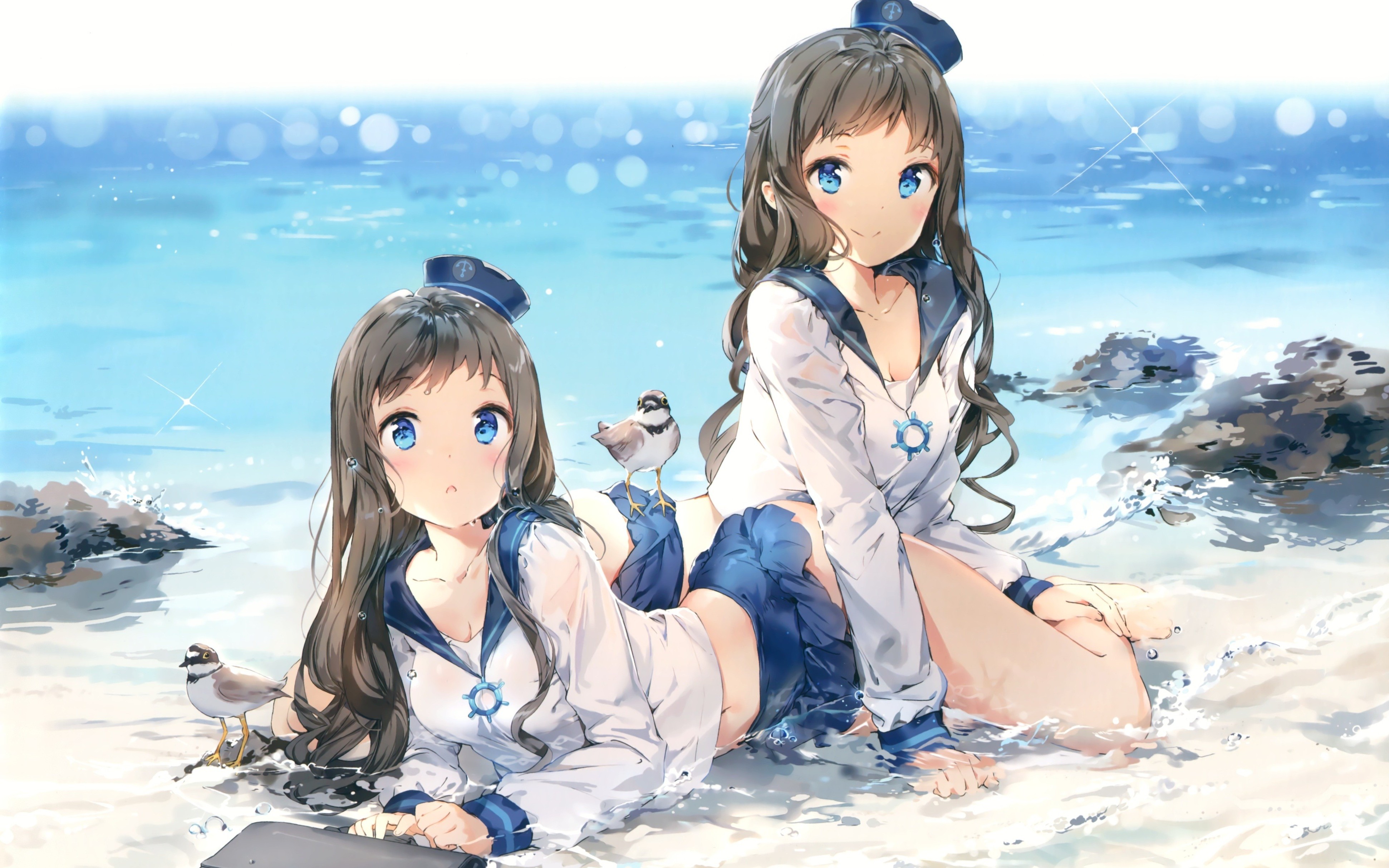Two anime girls in sailor outfits on a beach with birds HD Wallpaper