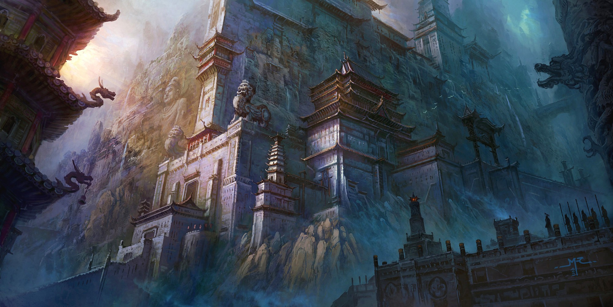 Fantasy castle built into a mountain with dragons HD Wallpaper