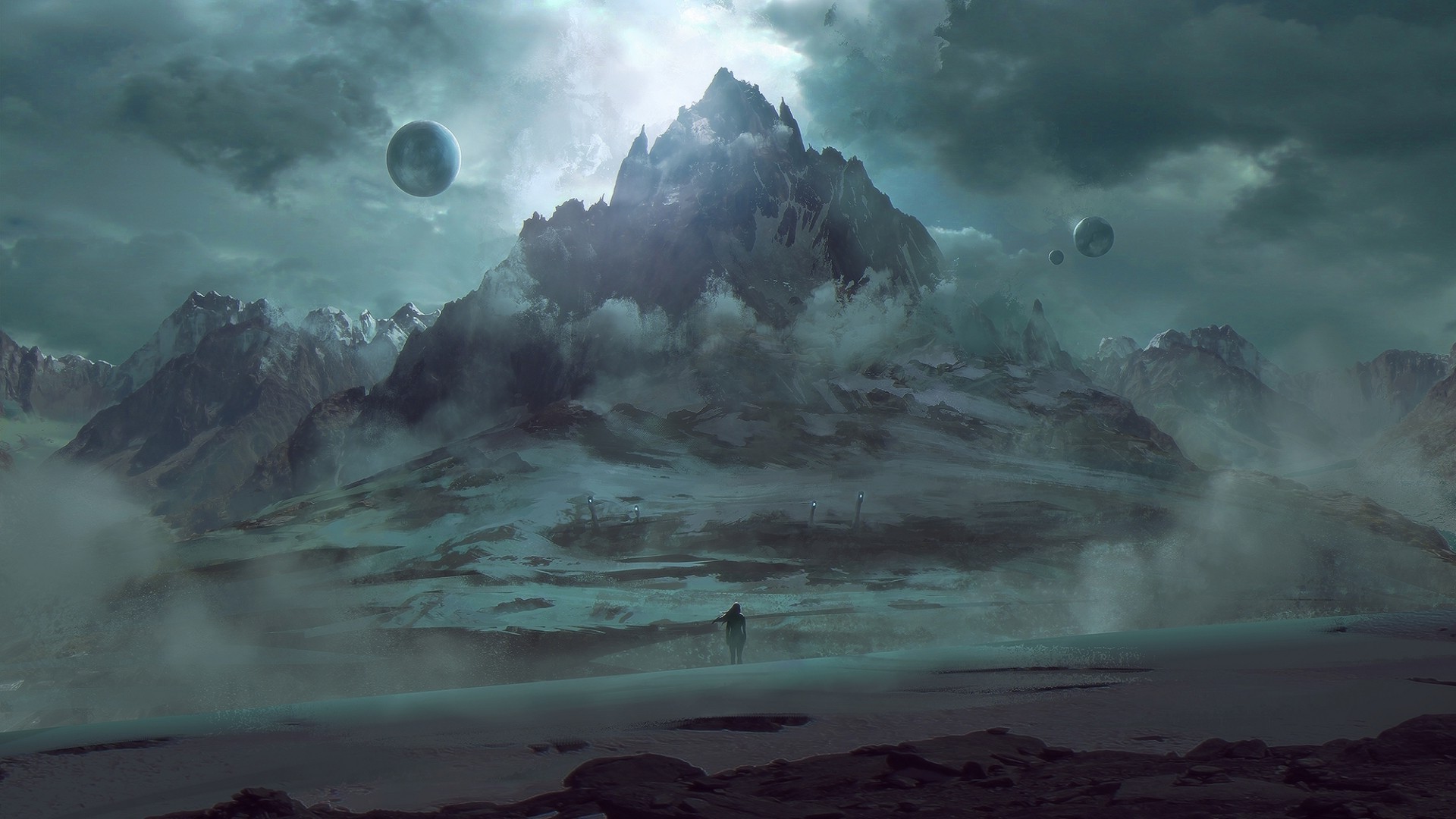 Fantasy mountain planet with moons and lone figure HD Wallpaper