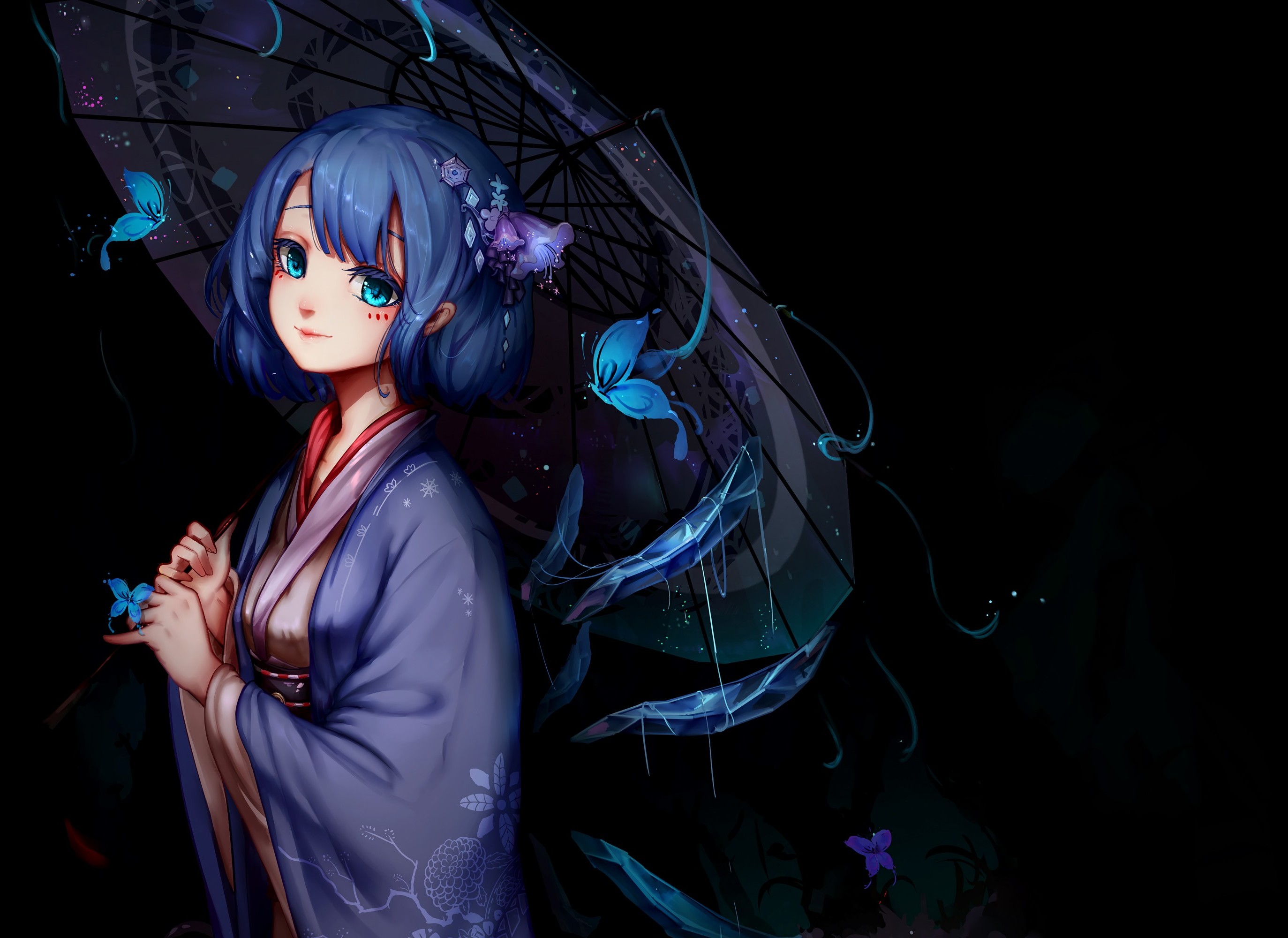 Anime girl with blue hair and kimono holding umbrella HD Wallpaper