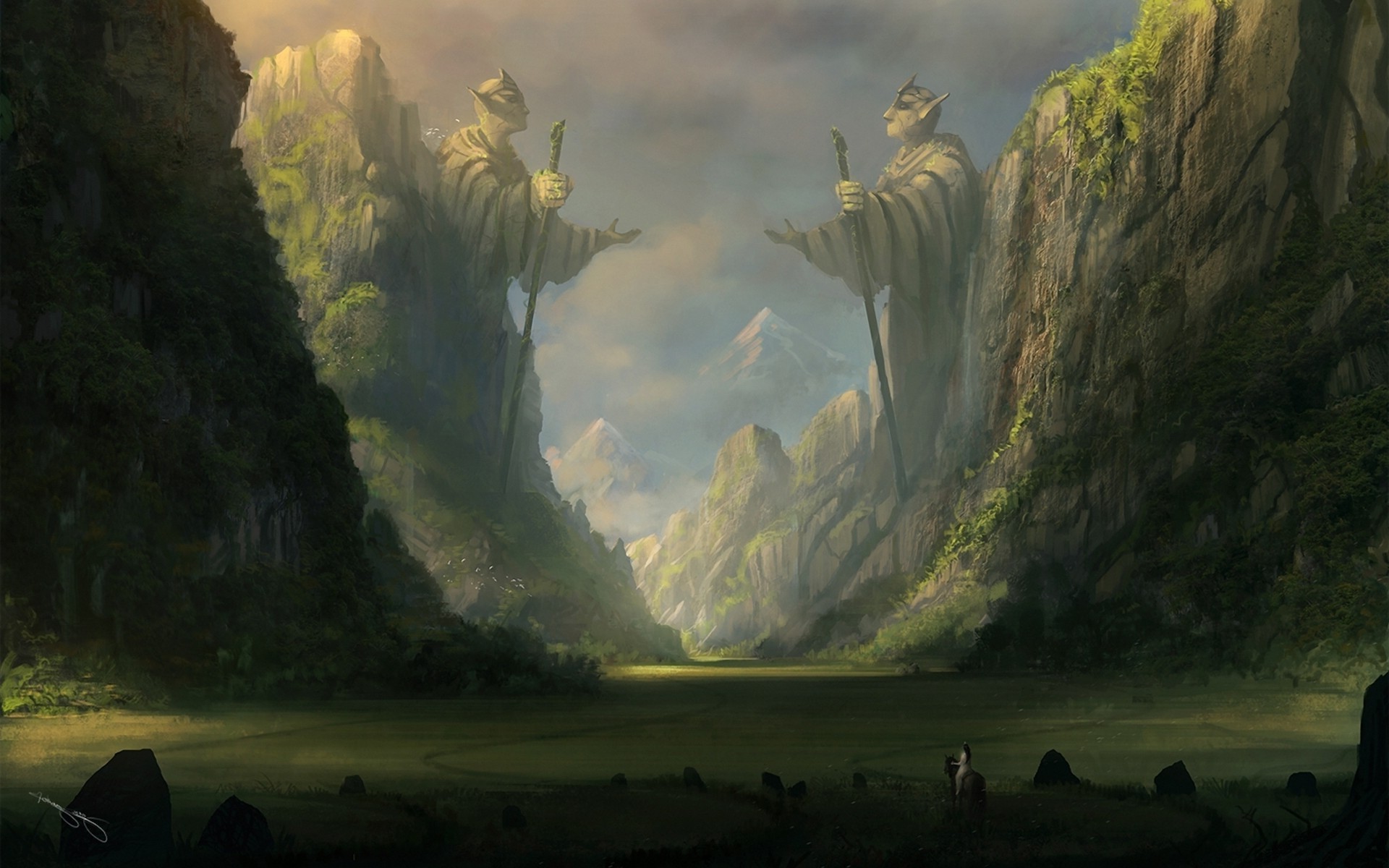 Fantasy valley with giant statues and mountains HD Wallpaper