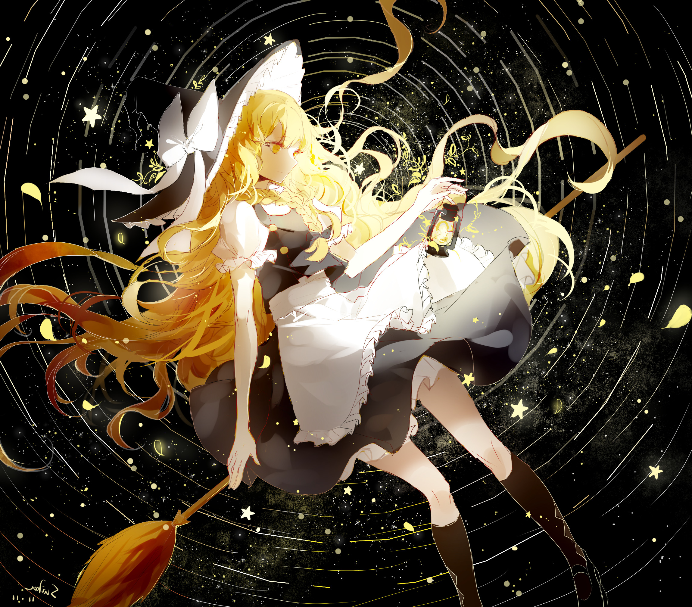 Kirisame Marisa with Lantern and Broom in Starry Night HD Wallpaper