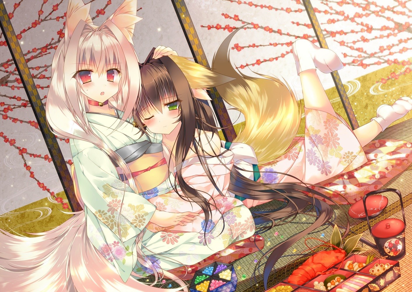 Two anime fox girls in kimonos HD Wallpaper