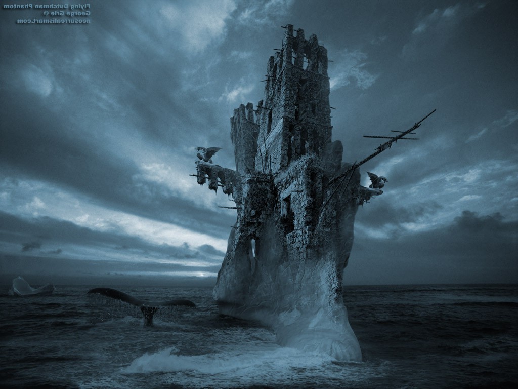 Flying Dutchman fantasy art castle on a rock HD Wallpaper