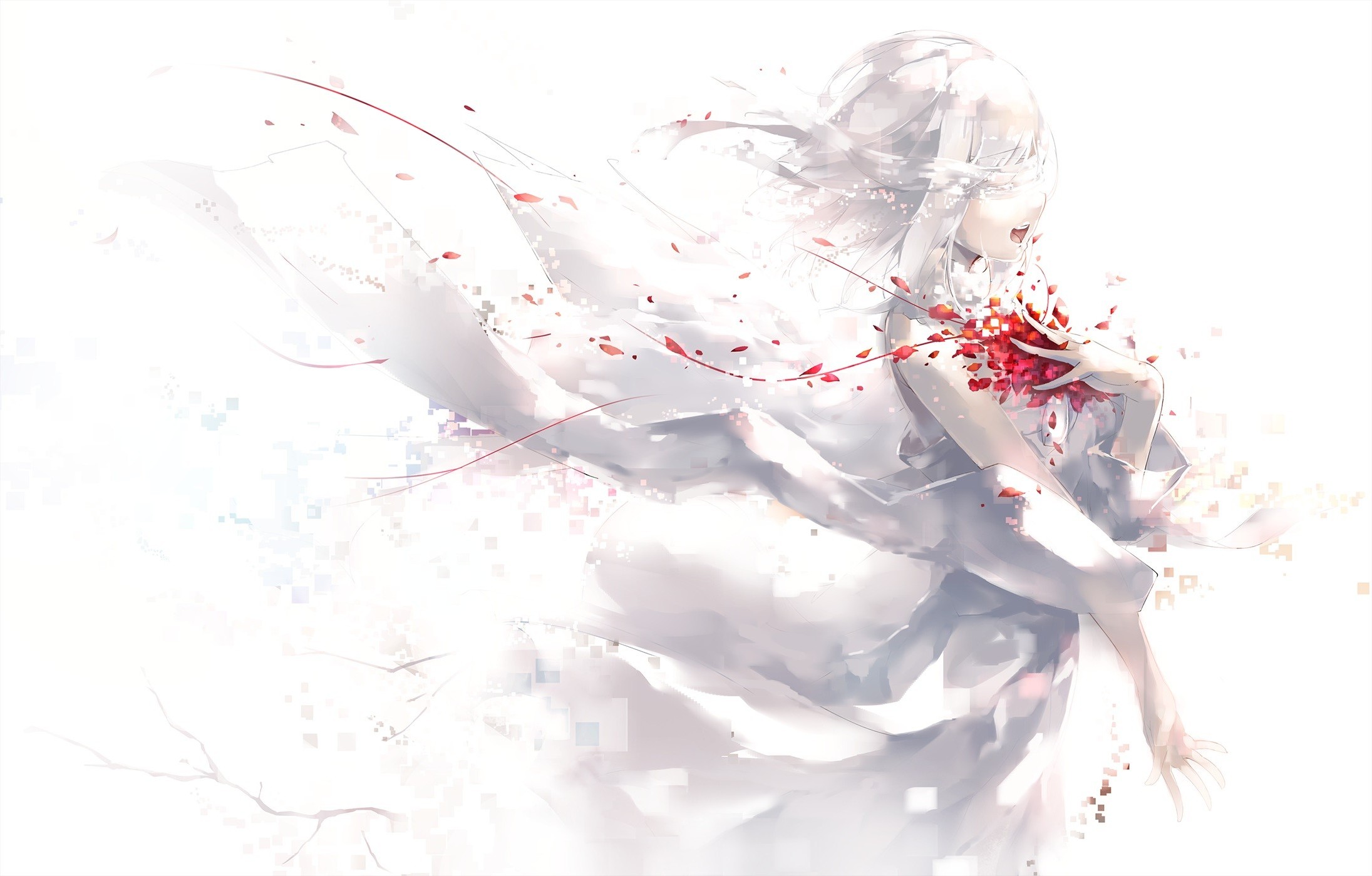 Girl with white hair and white dress with red petals HD Wallpaper