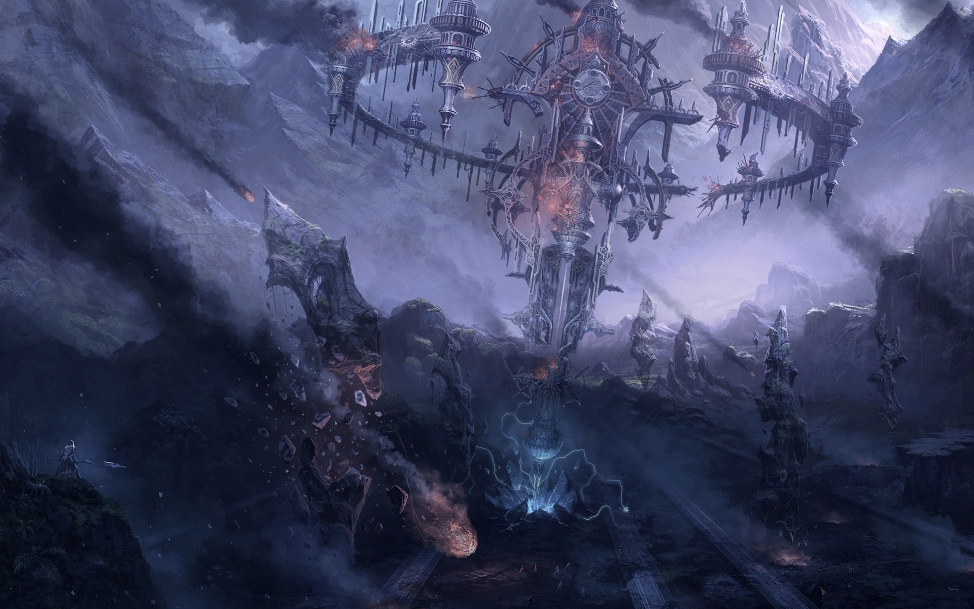 Fantasy art of a destroyed alien structure in a mountain landscape HD Wallpaper