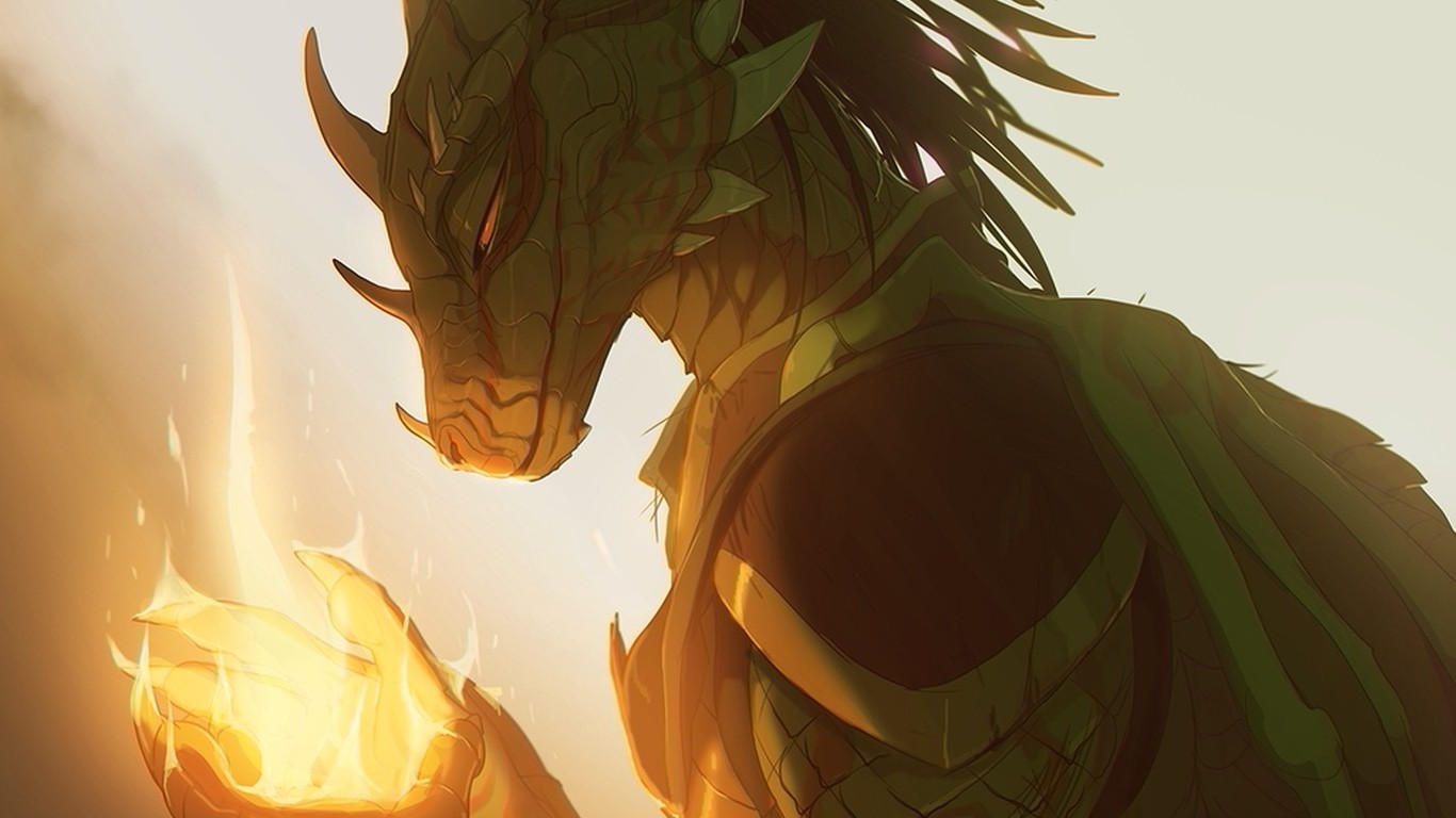 Dragon creature holding fire in hand HD Wallpaper