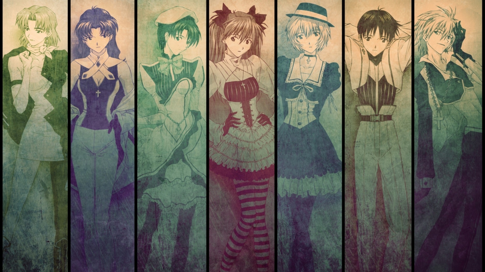 Neon Genesis Evangelion characters in vintage style HD Wallpaper