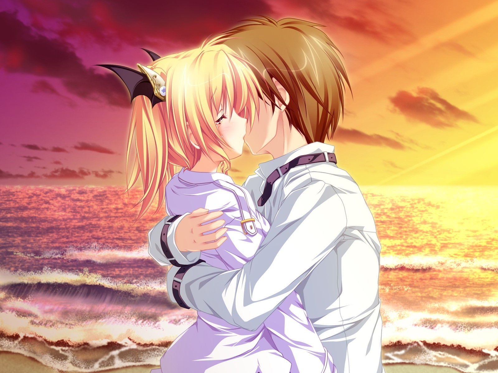 Anime couple kissing on a beach at sunset HD Wallpaper