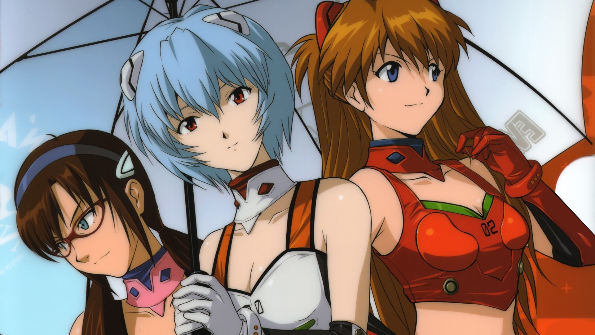 Asuka, Rei, and Mari from Neon Genesis Evangelion with umbrellas HD Wallpaper