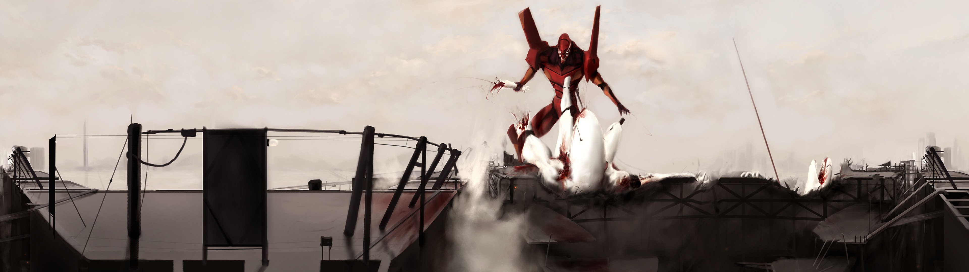 EVA Unit 02 from Neon Genesis Evangelion in battle HD Wallpaper