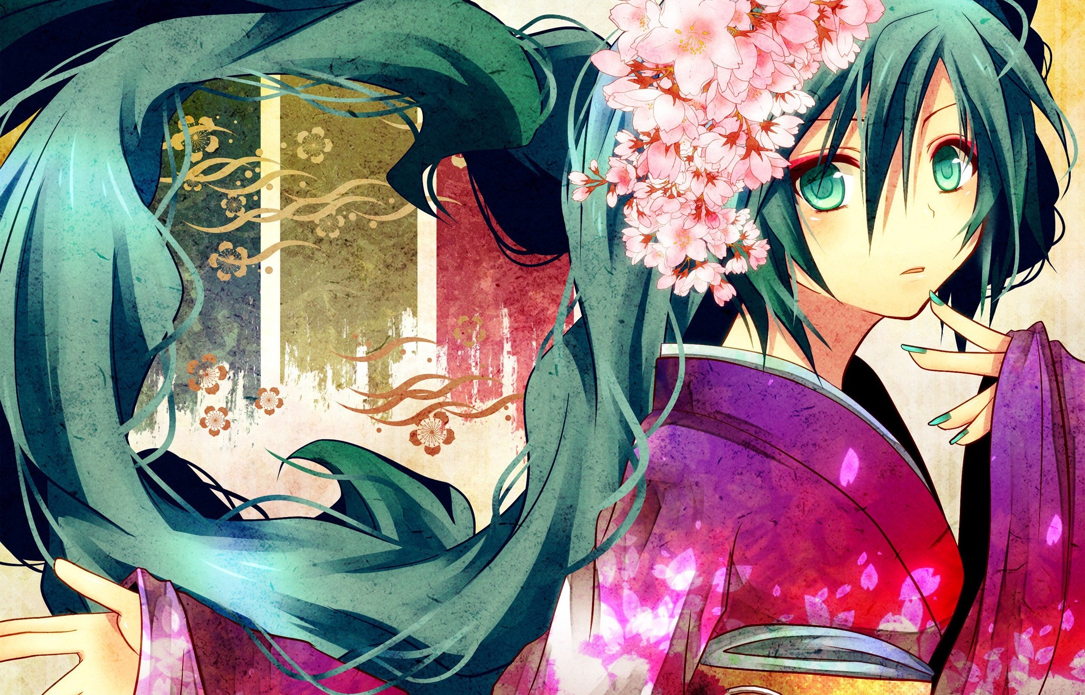 Hatsune Miku from Vocaloid in Kimono HD Wallpaper