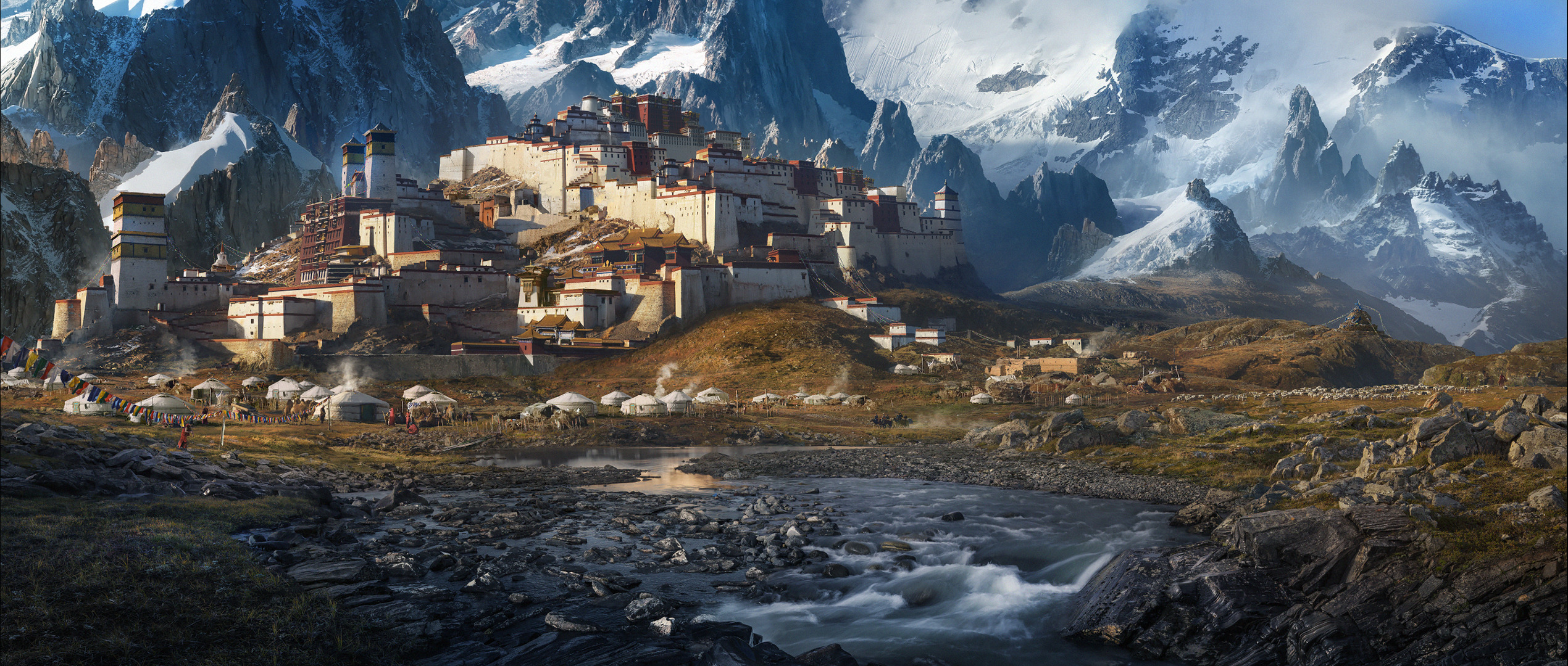 Mountain fortress with tents and a creek HD Wallpaper