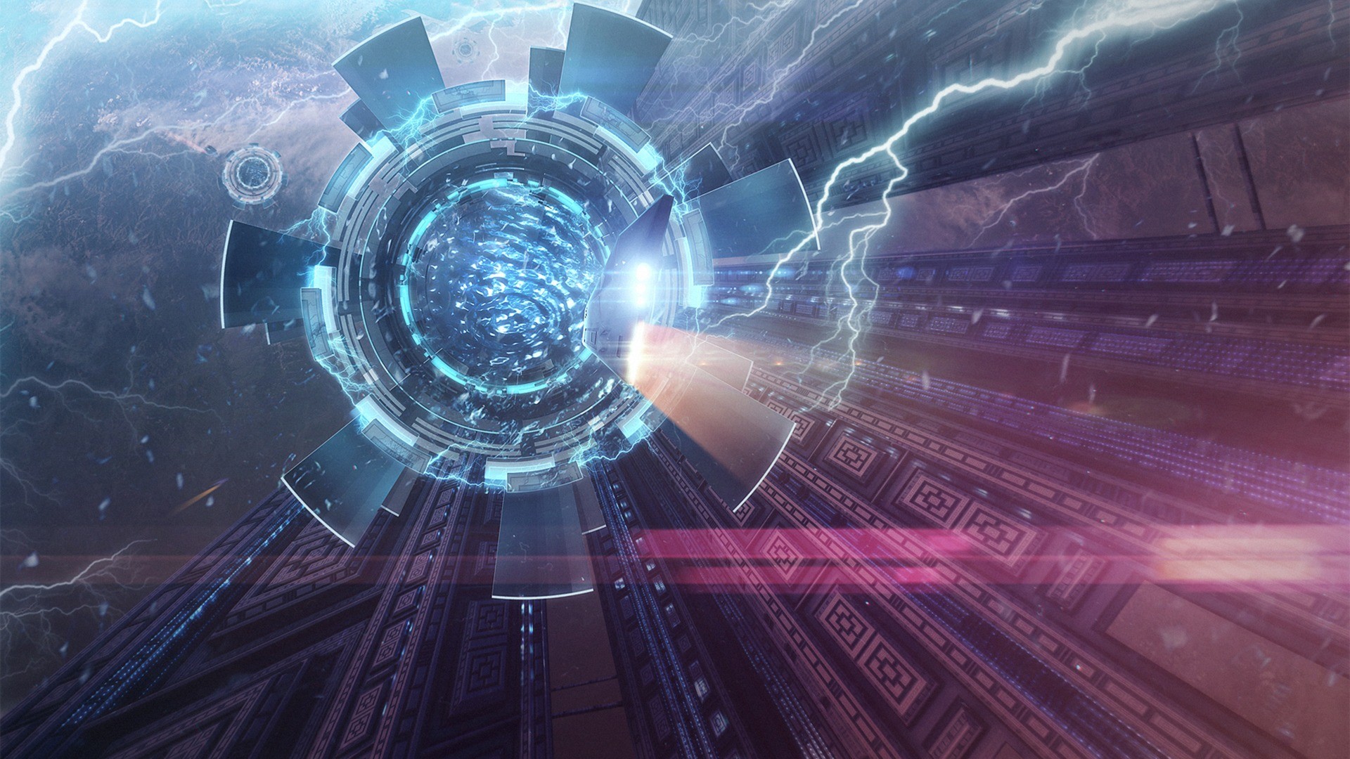Futuristic portal with lightning and abstract structures HD Wallpaper