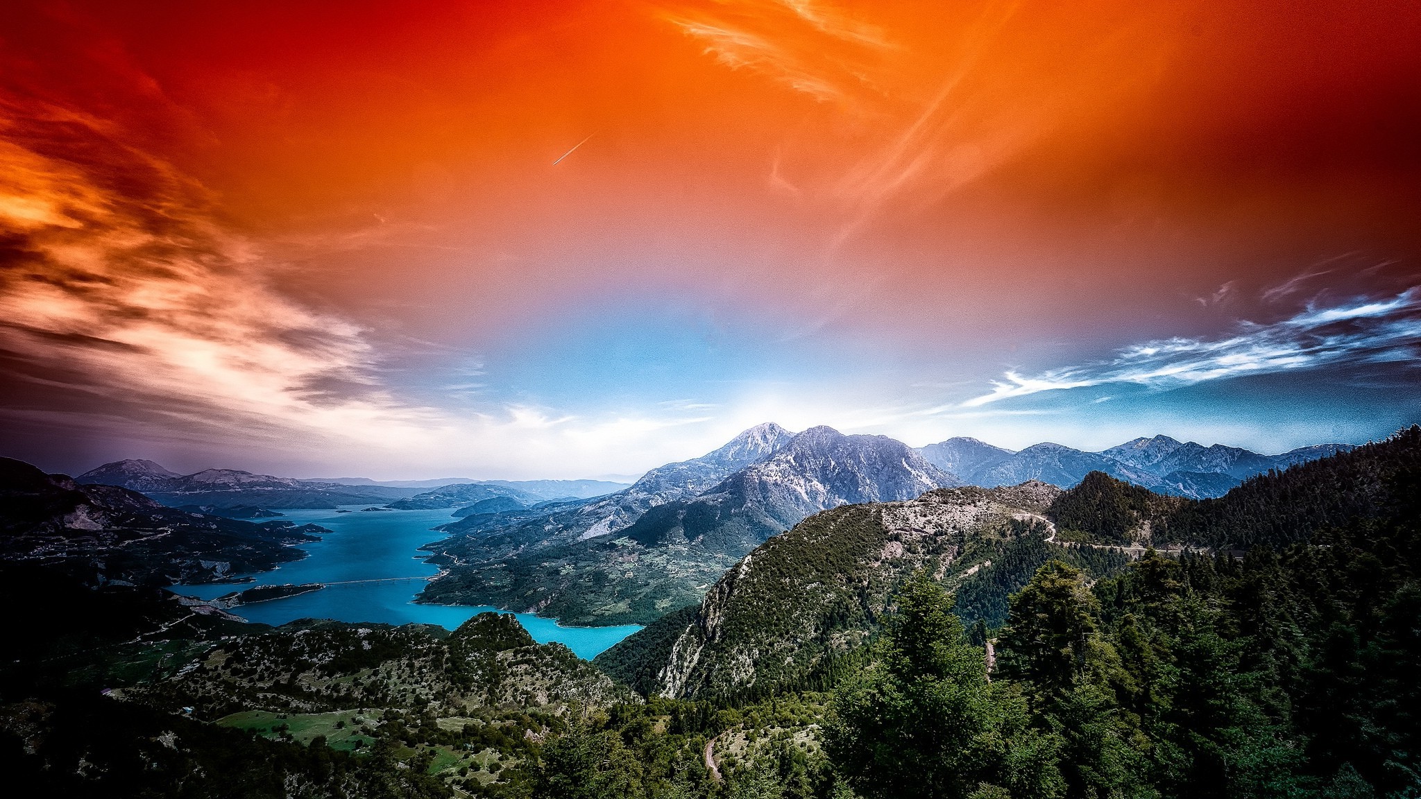 Mountains and lake with red sky in Greece HD Wallpaper