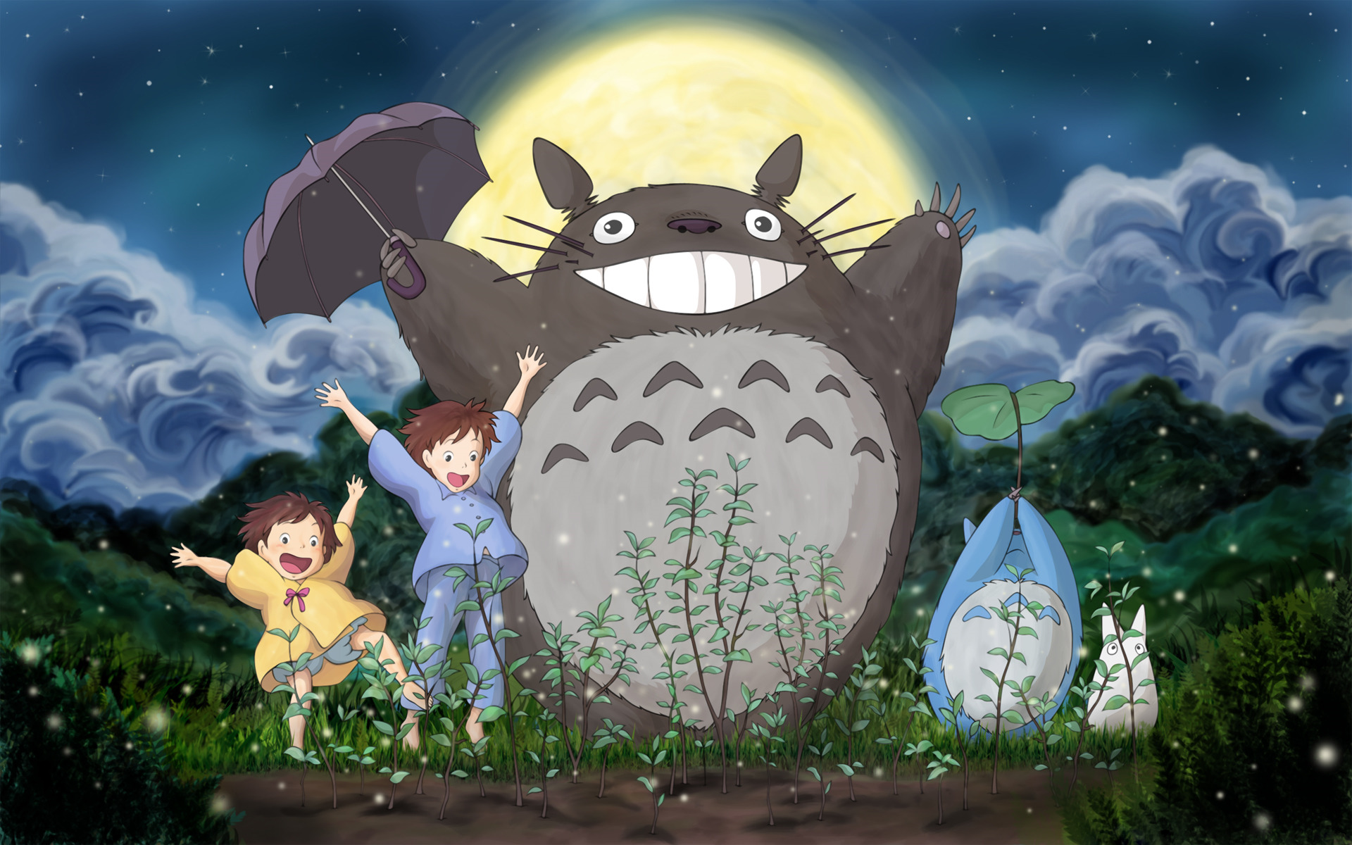 My Neighbor Totoro characters in a moonlit forest HD Wallpaper