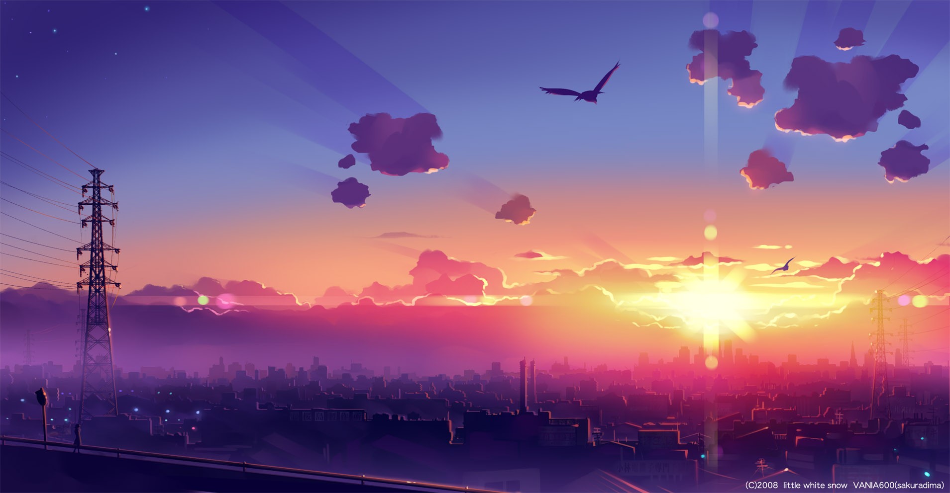 Anime city skyline at sunset with birds and clouds HD Wallpaper